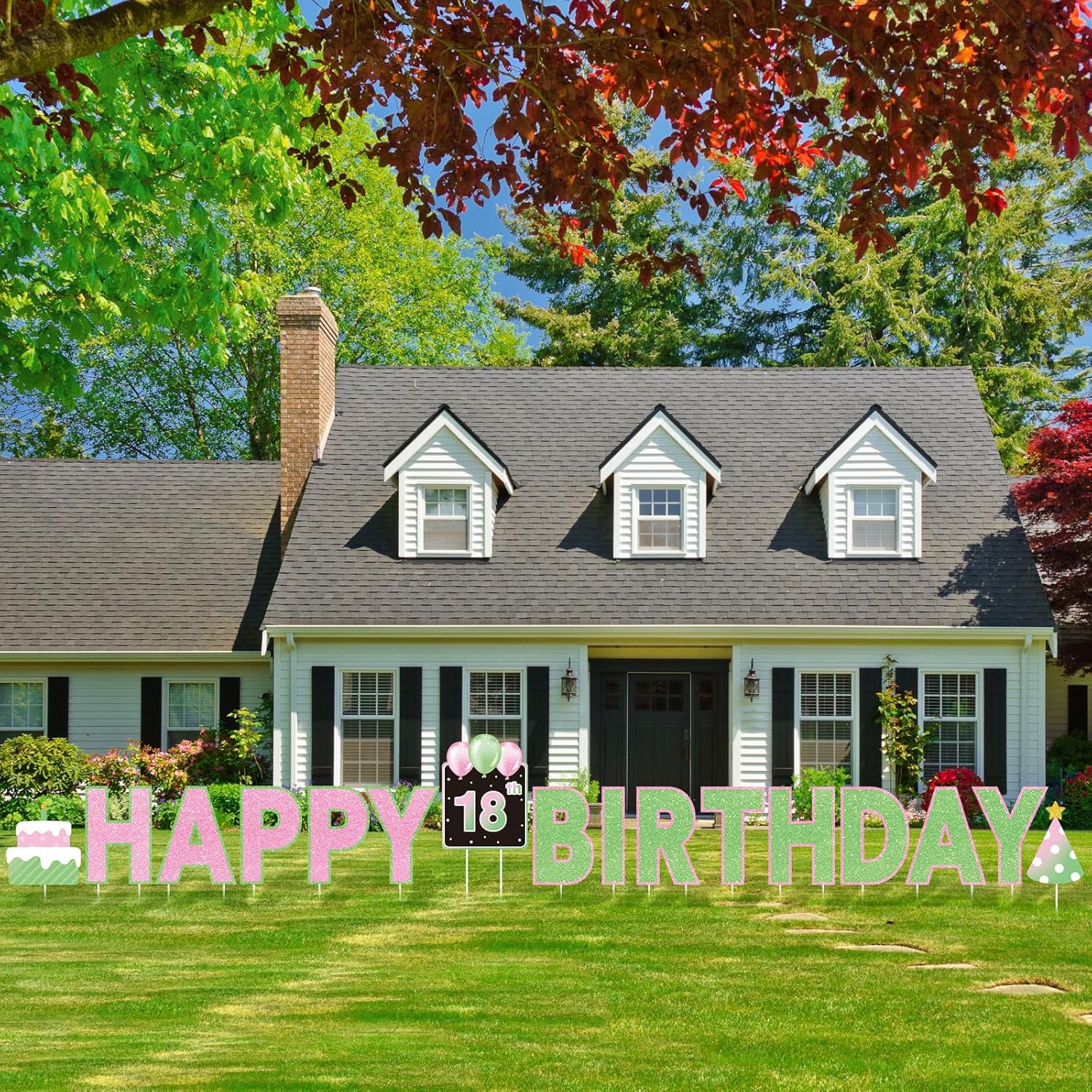 Yerliker 16 Pcs Happy Birthday Yard Signs with Stakes, 32.8 ft LED Lights, 42 Pcs Number Stickers, 13.4 Inch Letters Signs for Birthday Party Supplies Yard Lawn Outdoor Decoration(Pink and Green)