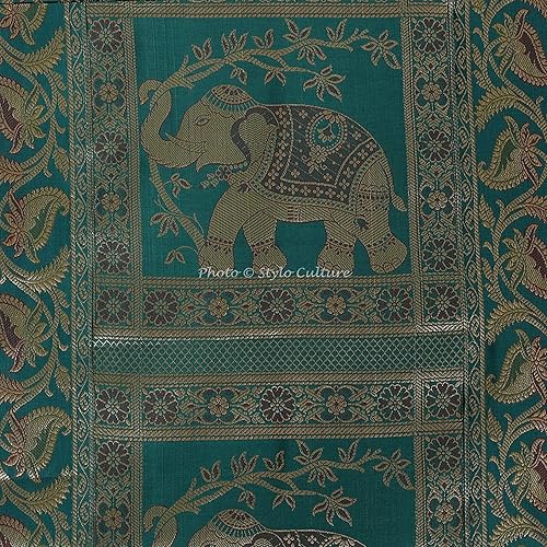 Miniatura 3 de Funda de almohada cilíndrica india de Polydupion para yoga, color verde oscuro, jacquard, brocado, frontera de elefante, funda de cojín cilíndrica