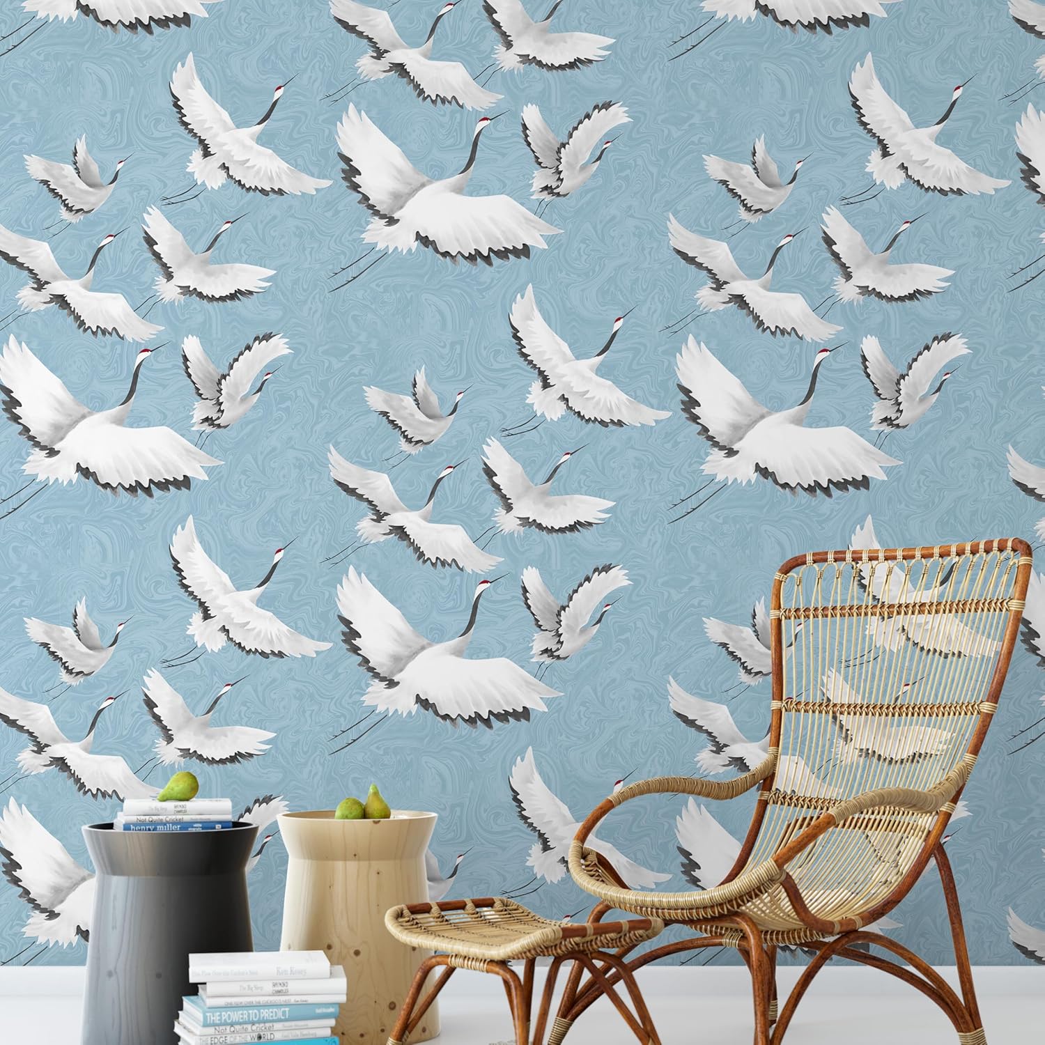 Peel and Stick Wallpaper for Home Decoration Kitchen White Crane Blue Wallpaper Removable Vinyl Self Adhesive Shelf Paper & Drawer Liner Roll House, Workshop & Office 17.3" x 118" TH8096-3