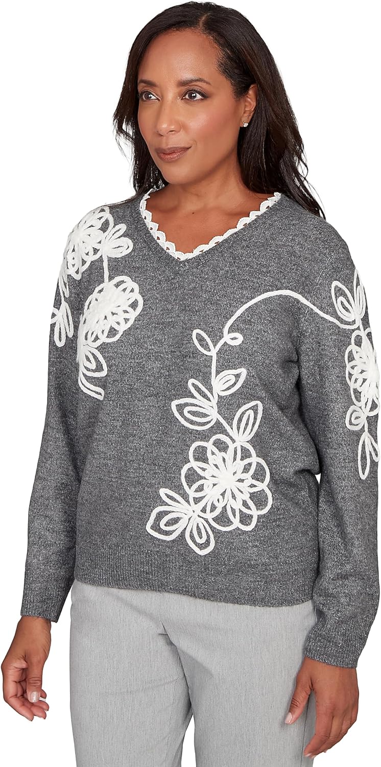 Alfred Dunner Women's Ruffle V-Neck Floral Soutache Sweater