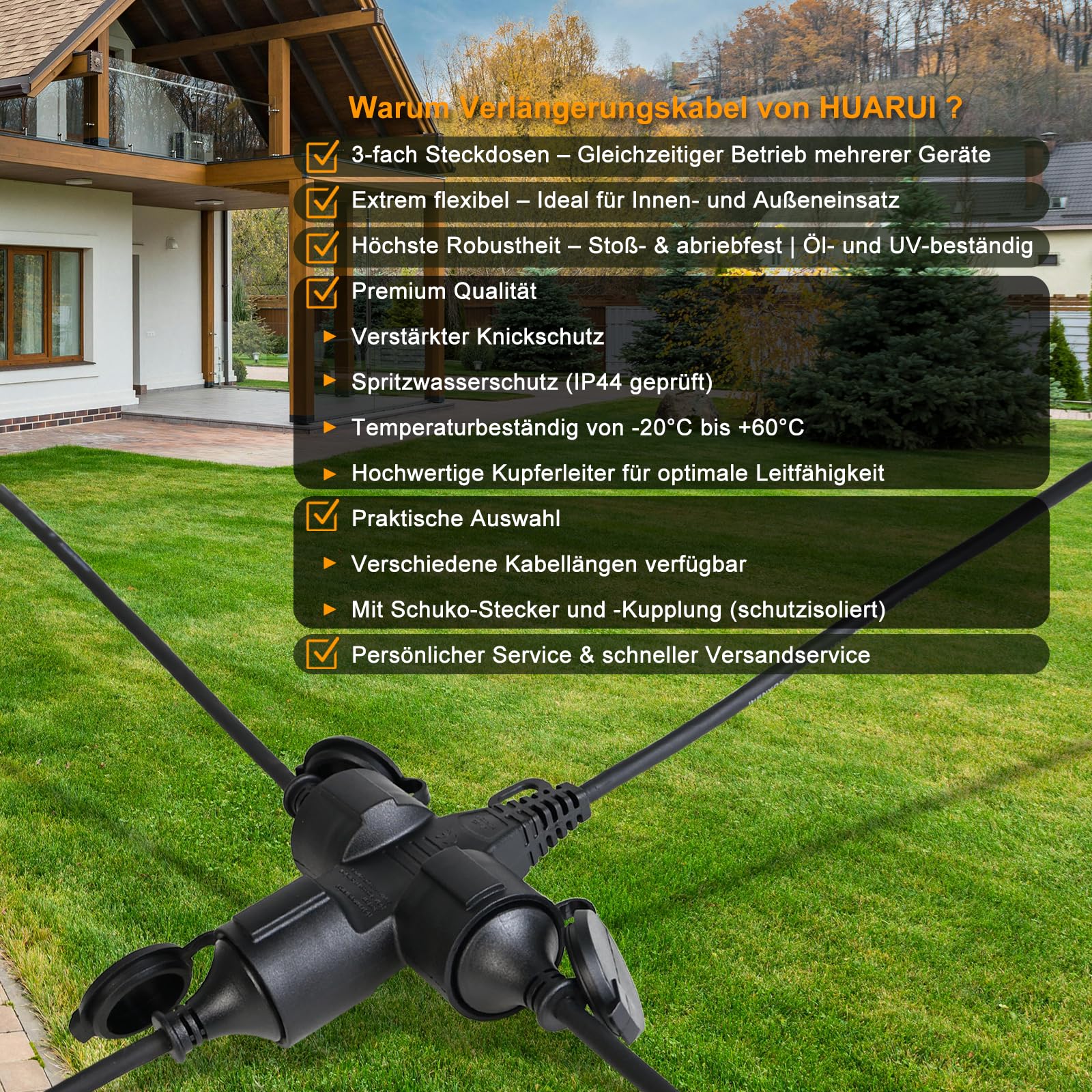 Cavo di prolunga per esterni, 15 m, con 3 prese Schuko, prolunga in gomma da 3500 W, con tappo di protezione per esterni, IP44, cavo di alimentazione H05RR-F 3G1,5 mm² con 3 collettore a 3 scomparti,
