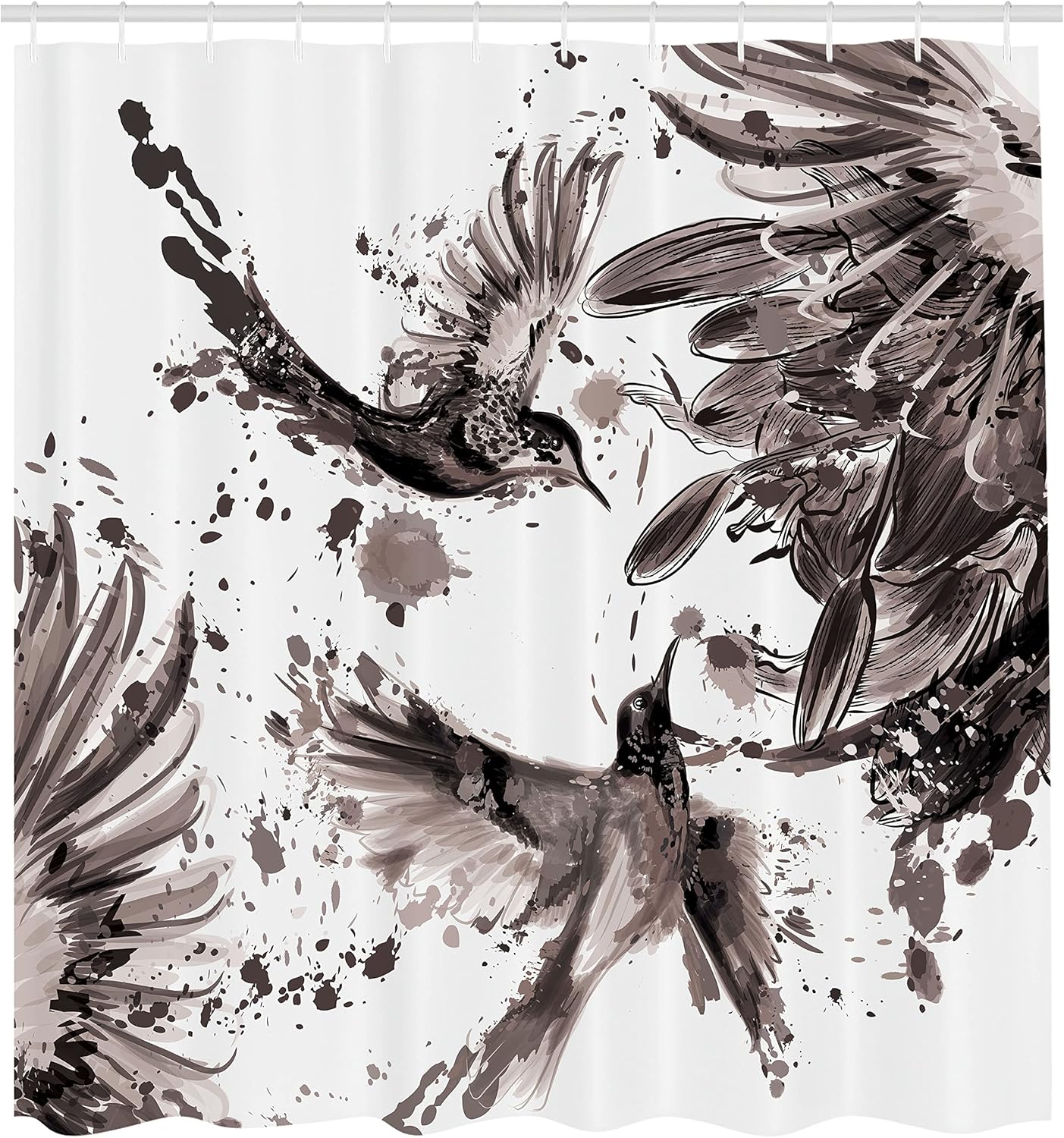 Ambesonne Hummingbird Shower Curtain, Art Lily Flowers Birds and Color Splashes in Watercolor Painting Style, Cloth Fabric Bathroom Decor Set with Hooks, 69" W x 84" L, Warm Taupe