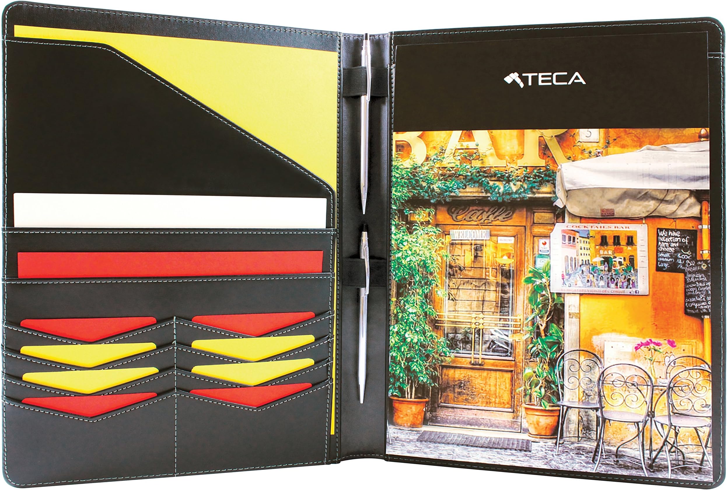 Padfolio/Resume Portfolio Folder- Interview/Legal Document Organizer & Business Card Holder - with Letter-Sized Writing Pad- Handsome Piano Noir Faux Leather Matte Finish & Accent Stitching