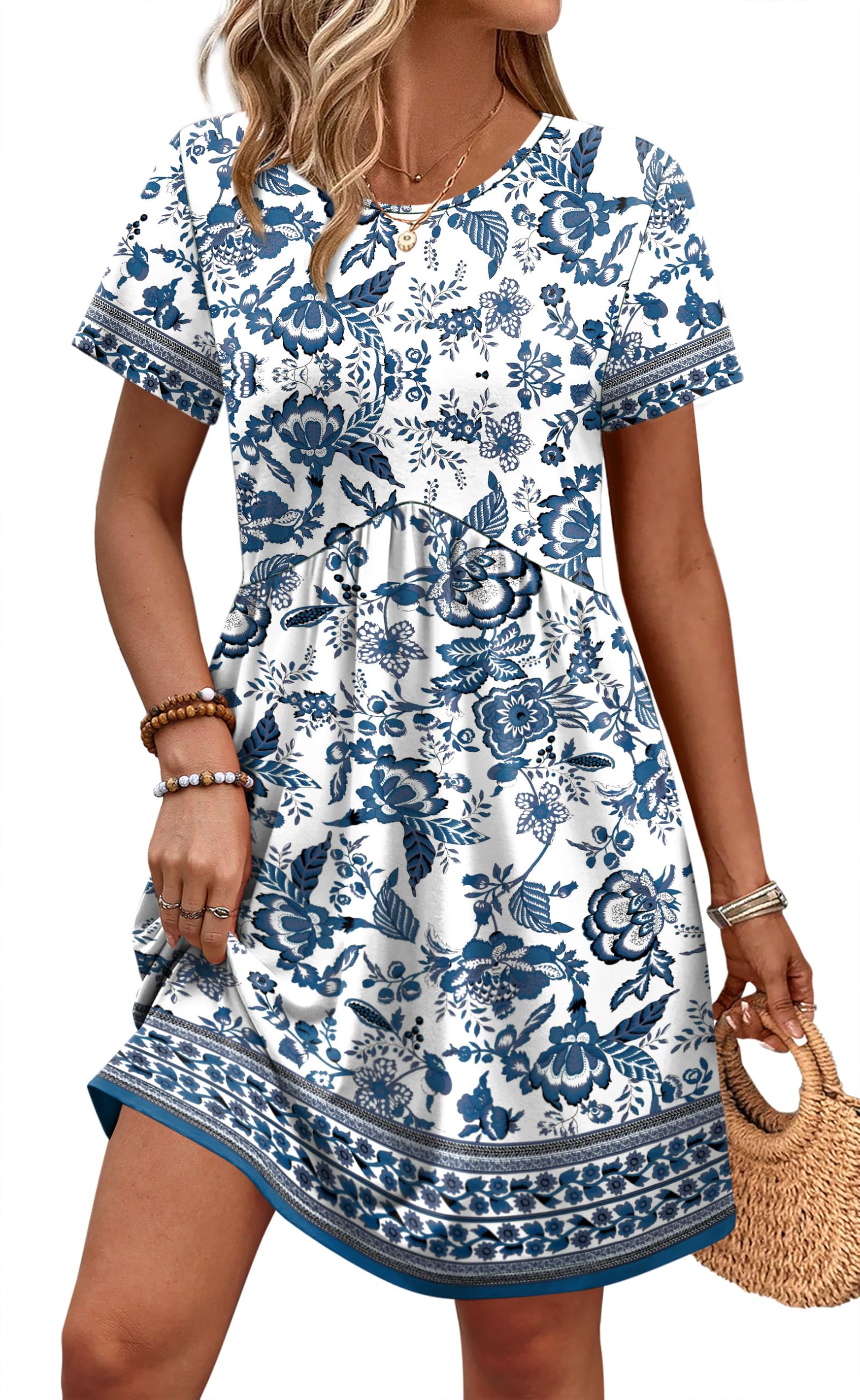 OFEEFAN Spring Dresses for Women 2026 Short Sleeve Crew Neck Casual Dresses Empire Waist Maternity Dress with Pockets