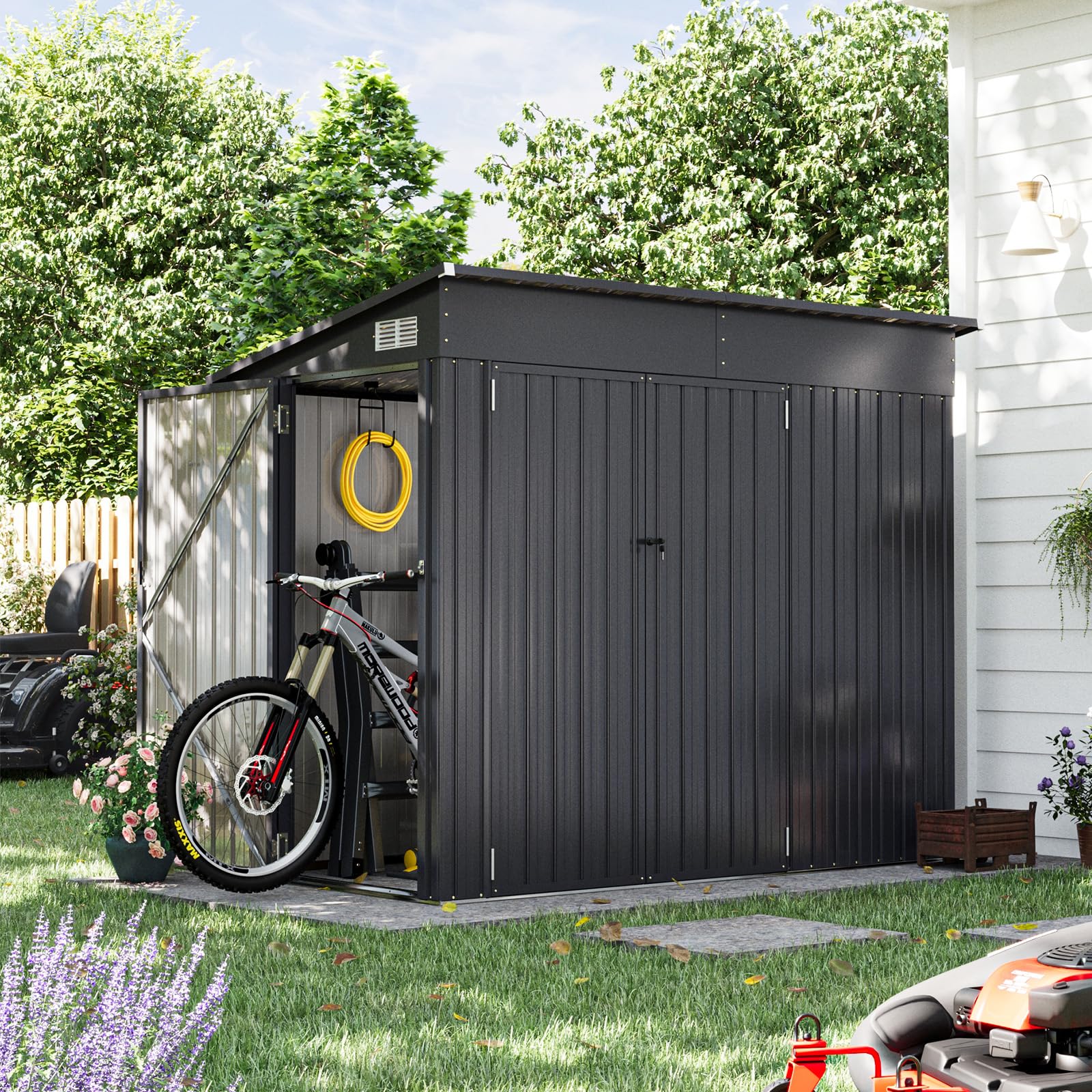 Aoxun Gartenhaus Metall 232x131x183cm mit 3 Türen & Pultdach, wetterfestes Fahrradgarage für bis 4 Fahrräder, Stabiler Geräteschuppen aus verzinktem Stahl für Garten Terrasse Hof
