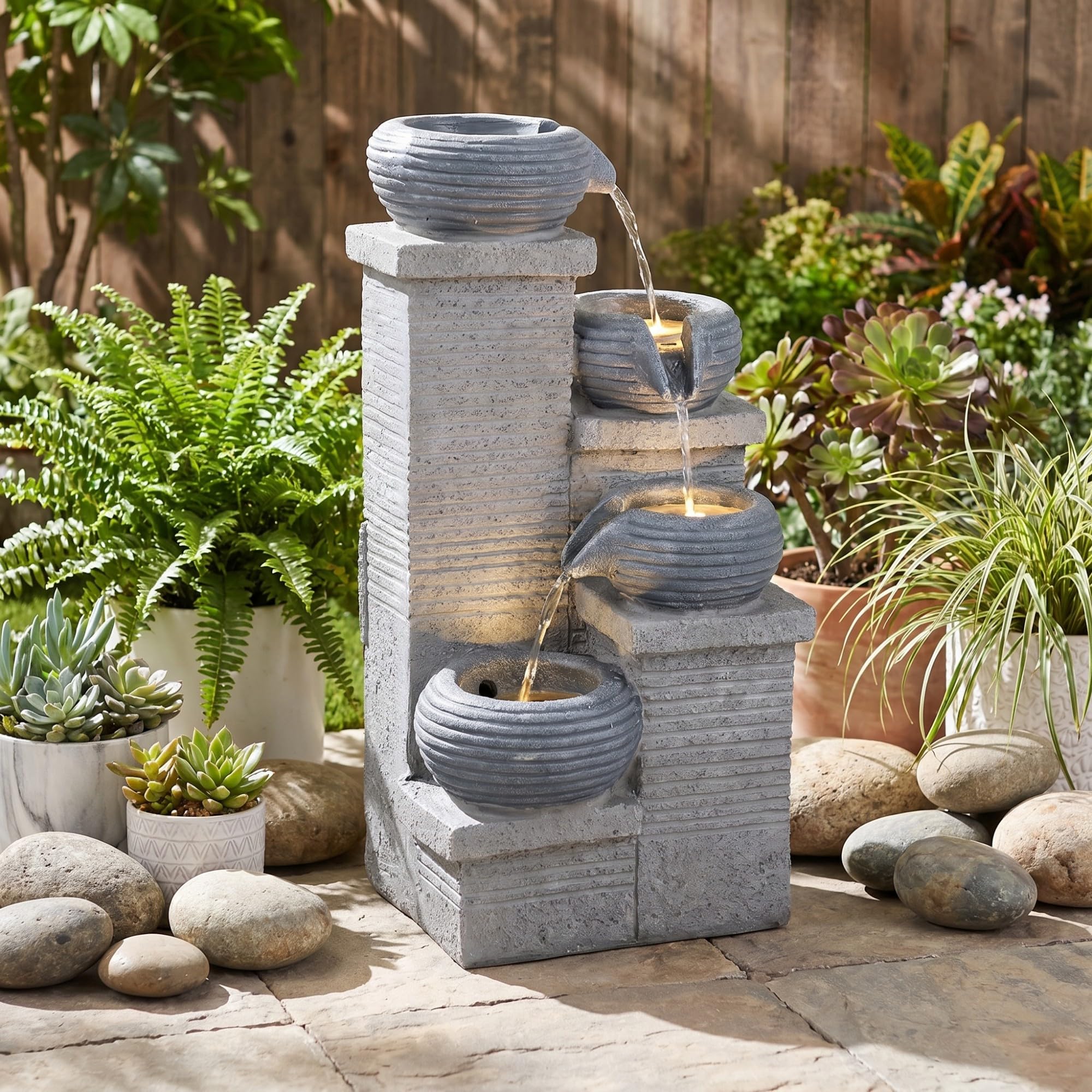 HOMASIS Fontaine de Jardin, Fontaine d'eau Extérieure 4 Niveaux avec Lumières LED, Pompe à Eau, Débit Réglable, Résine et Fibre de Verre, Cascade Décoration pour Patio Balcon, 27 x 24 x 58 cm