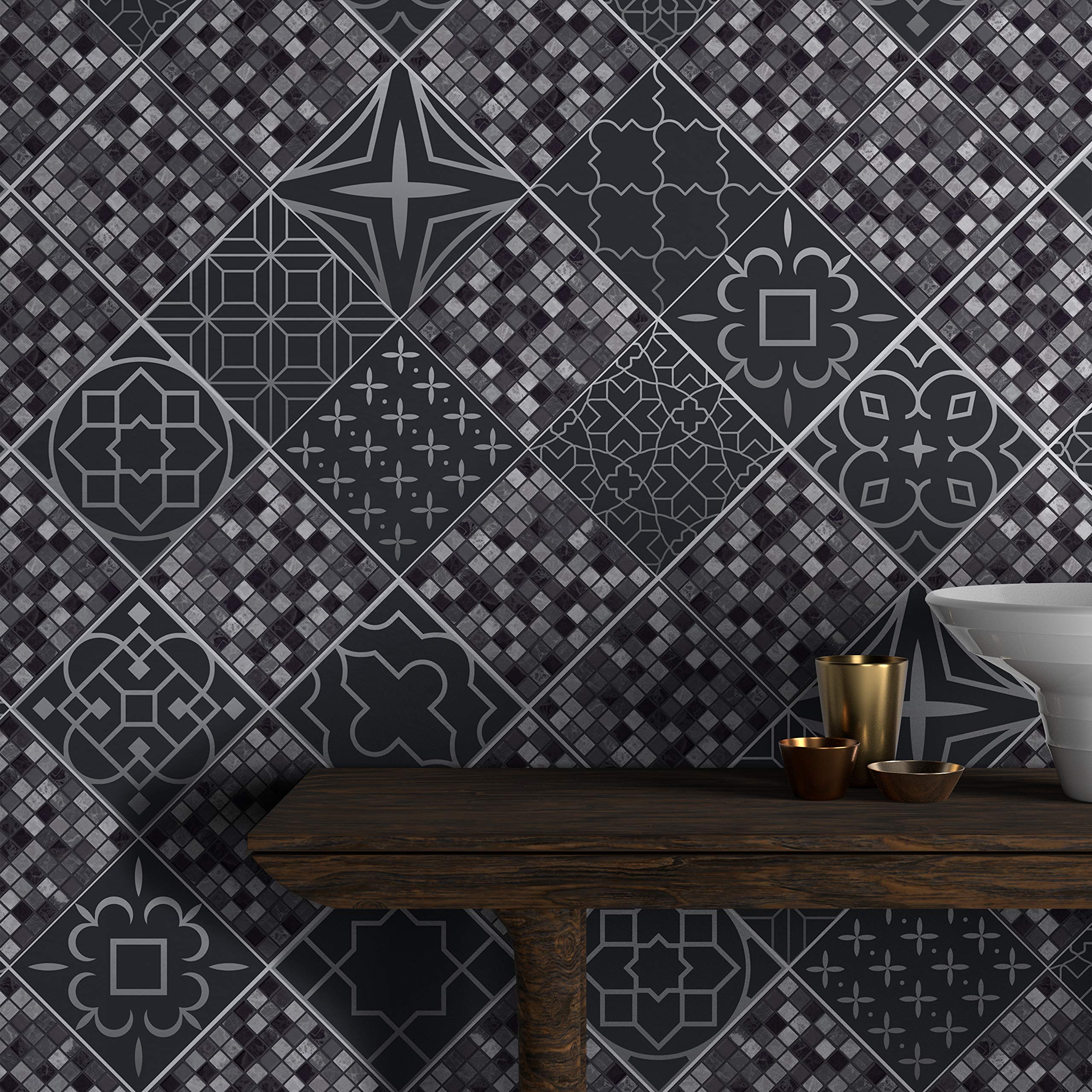 WALPLUS15cm(6") 48 pcs Tile Stickers Viterbo Stone Mix Tiles Peel and Stick Backsplash Self-Adhesive Decals Vinyl Home Decors DIY Splashback for Kitchen Bathroom Tile Paint Stick on Tiles Transfer