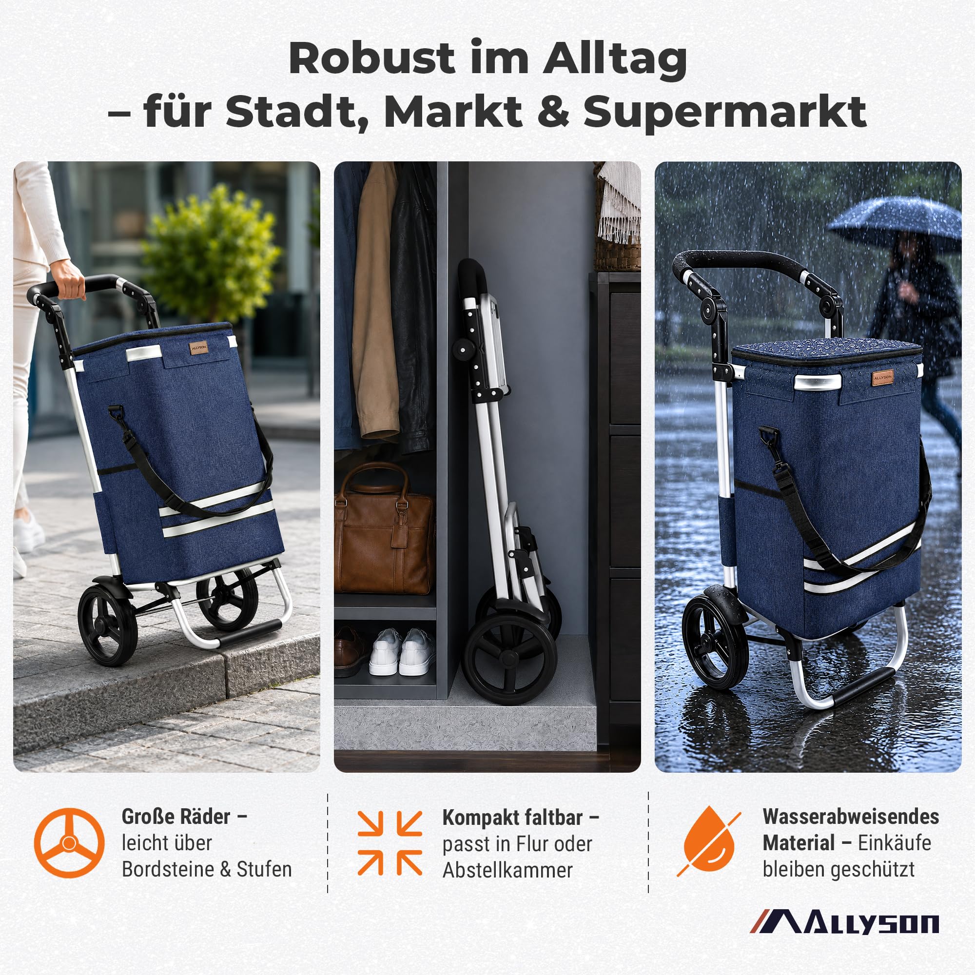 Allyson Einkaufstrolley klappbar mit 56L Kapazität ，3in1 Trolley Sackkarre & Umhängetasche，Einkaufstrolley mit Reflektoren | inkl. Kühlfach & Einkaufswagenchip (Denim)