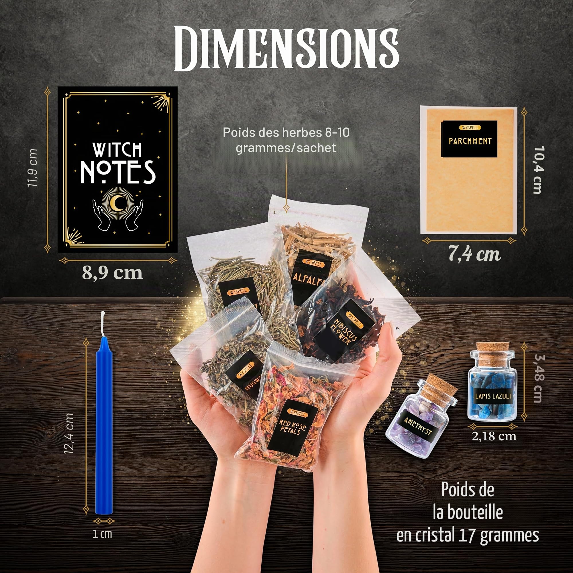 Kit de fournitures de sorcellerie pour sorcière - Bougies de sort - Pots à enchantements en cristaux - Herbes pour sort
