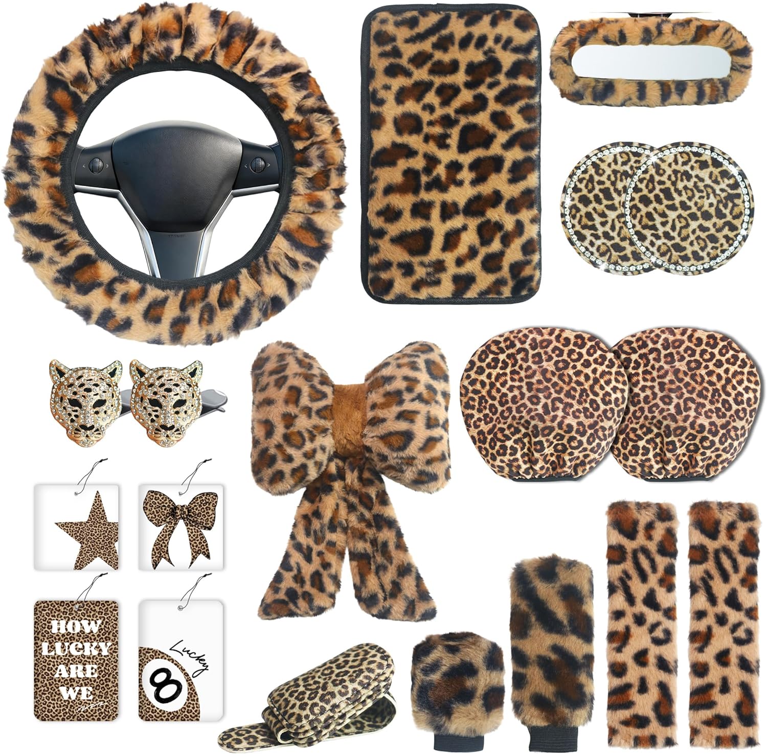 19 Pcs Fluffy Car Accessories Set,Fluffy Plush Leopard Print Steering Wheel Covers,Plush Head Pillow,Pillowcase,Eyeglasses Clip,Car Accessories for Women. (Brown)