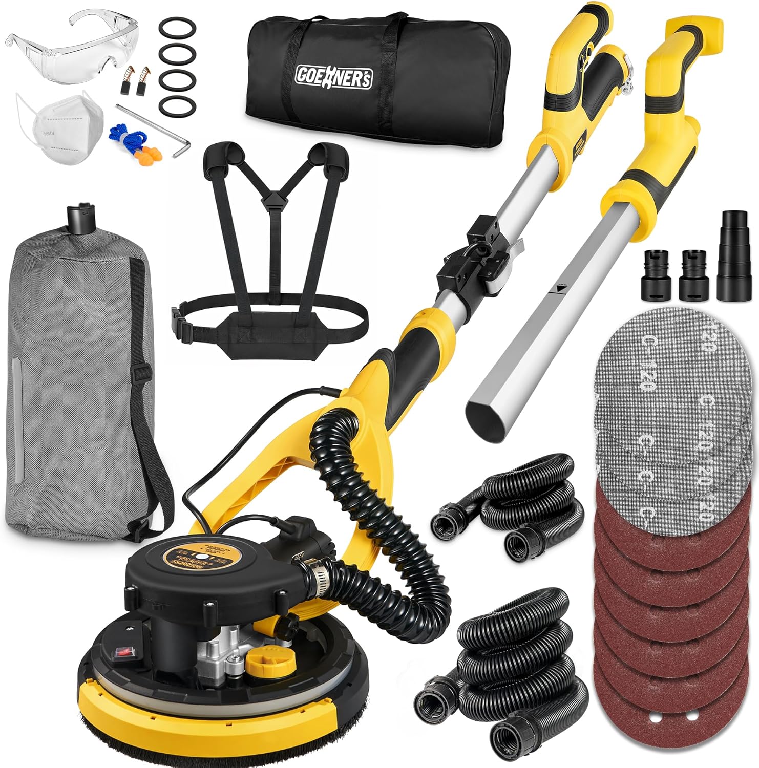 Drywall Sander with Labor-Saving Strap, Electric Sander for Drywall with Vacuum Attachment, Auto Dust Absorption, 7 Variable Speed 500-1800RPM, 26' Power Cord, Power Ceiling Sander for Popcorn Ceiling