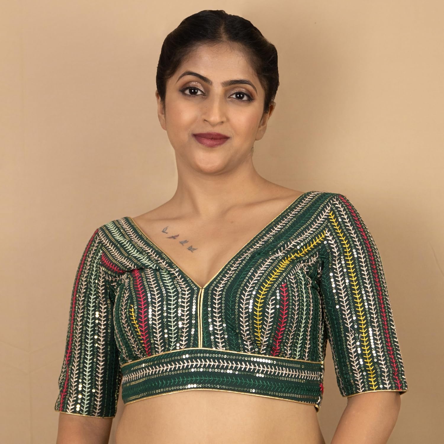 FIGURE'S DESIGNER Women's Embroidered V Neck Elbow Half Sleeve Readymade Saree Blouse E3 - Image 7