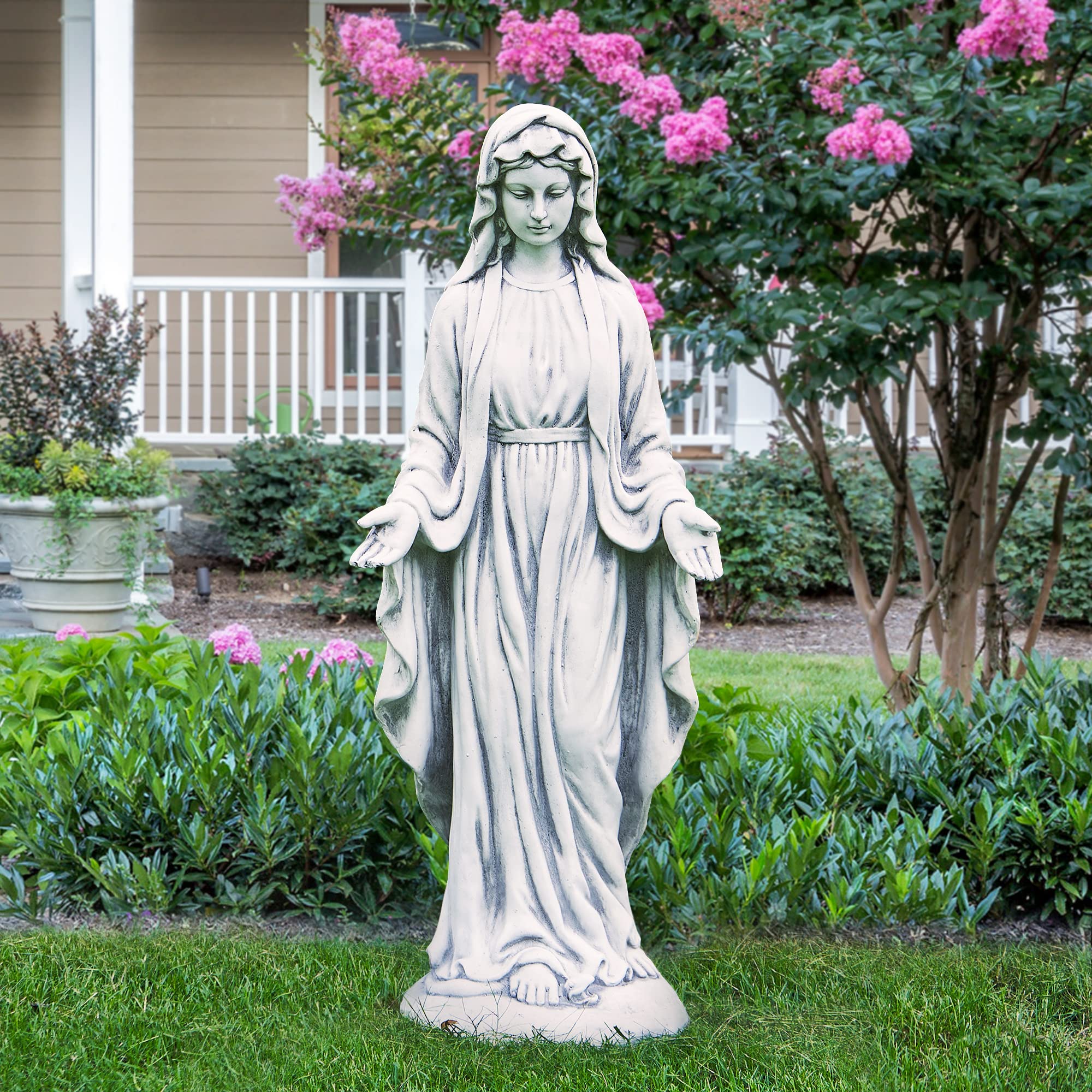 BESBLEE Virgin Mary Statue 29.9” Tall Religious Large Garden Statue Art Décor Blessed Mother Outdoor Statues for Garden in Magnesium Oxide Stone for Garden, Yard, Patio, Lawn, Hallway,Gray