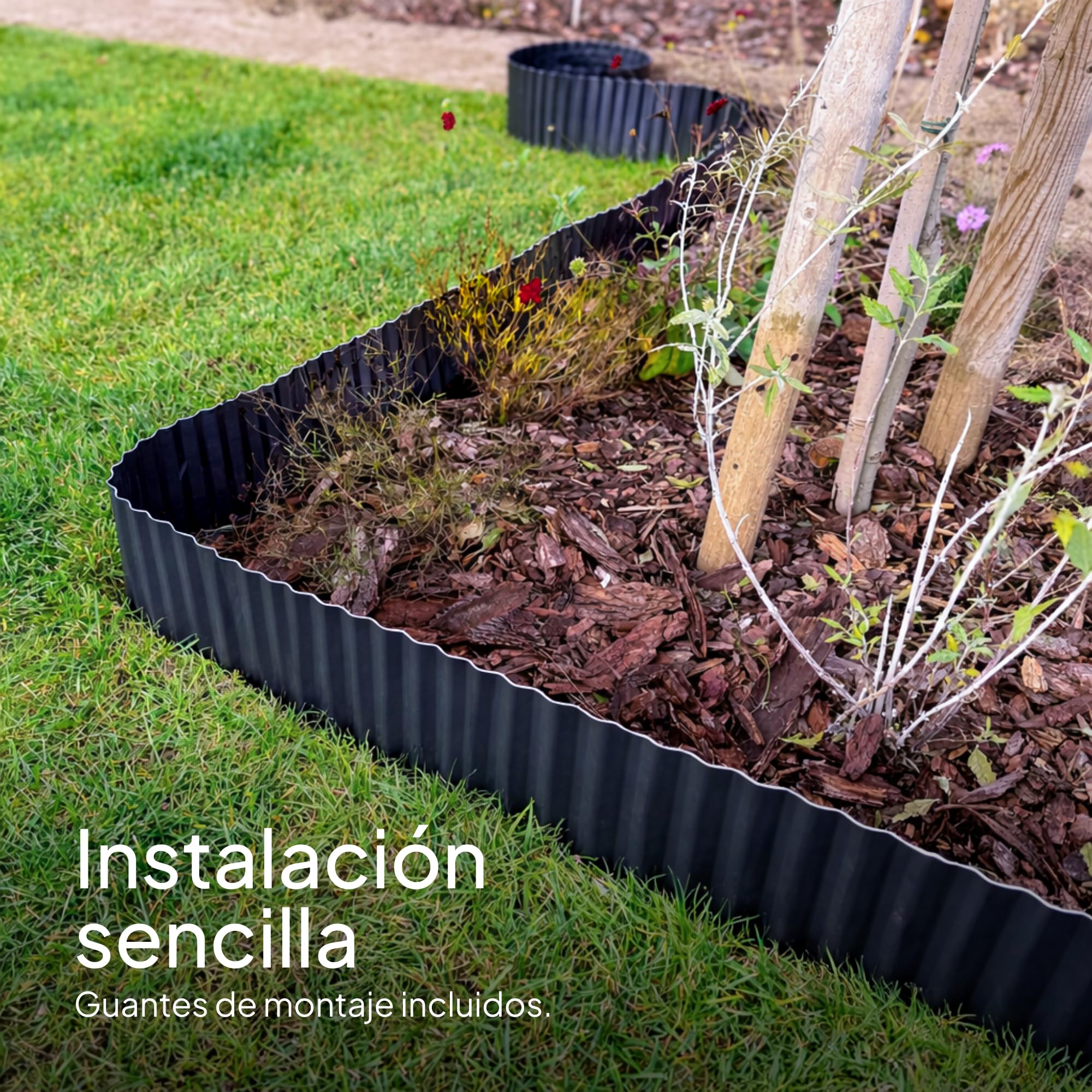 UNIGARDIA Bordura de Jardín en Metal Antracita 12 m - Borde de Jardín de 15 cm de Altura - Fácil de Instalar - Separador de Jardín Exterior Ondulado - Inoxidable y Duradero, Incluye 1 Par de Guantes