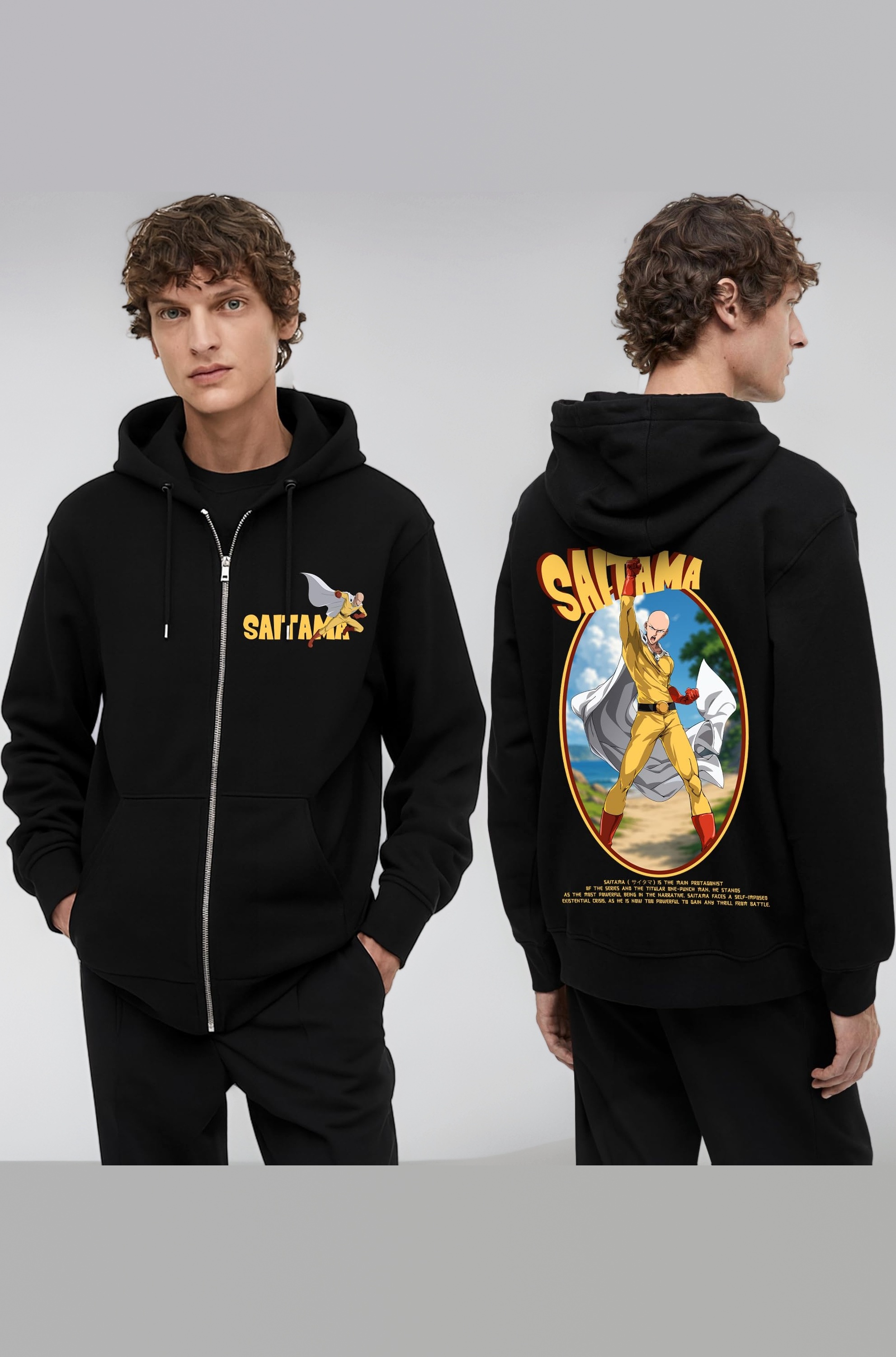 Saitama One Punch Man Anime Printed Zip-Up Hoodie | 100% Cotton Hooded Neck | Full Sleeve | Casual Pullover Graphic Zipper Hoodies for Men and Women