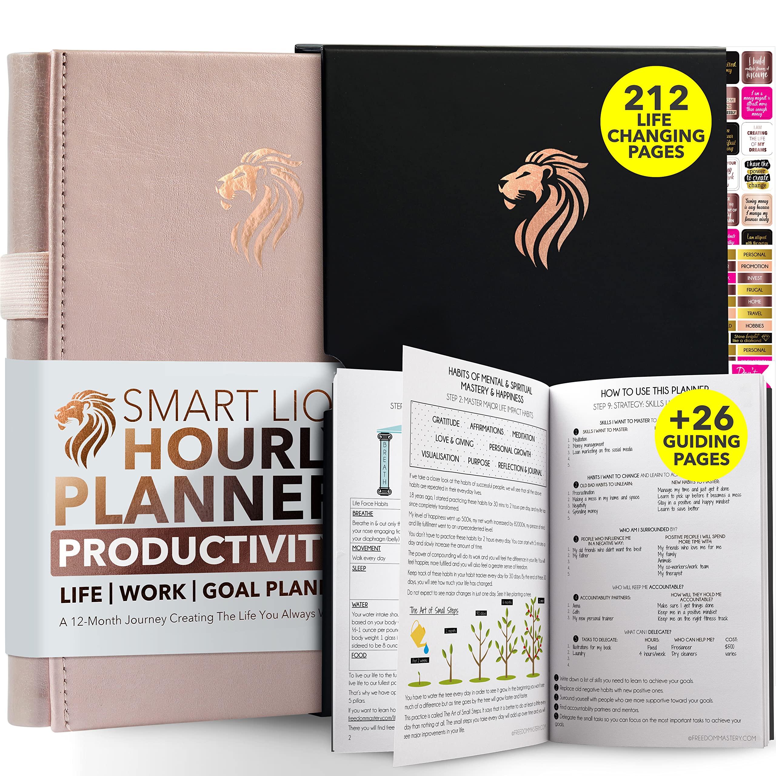 Freedom MasteryLife & Work Planner A5 Size -12 Month Goal Planner and Productivity Planner to Increase Happiness, Undated Planner, Weekly and Monthly Planner Journal (Vertical RoseGold Lion)