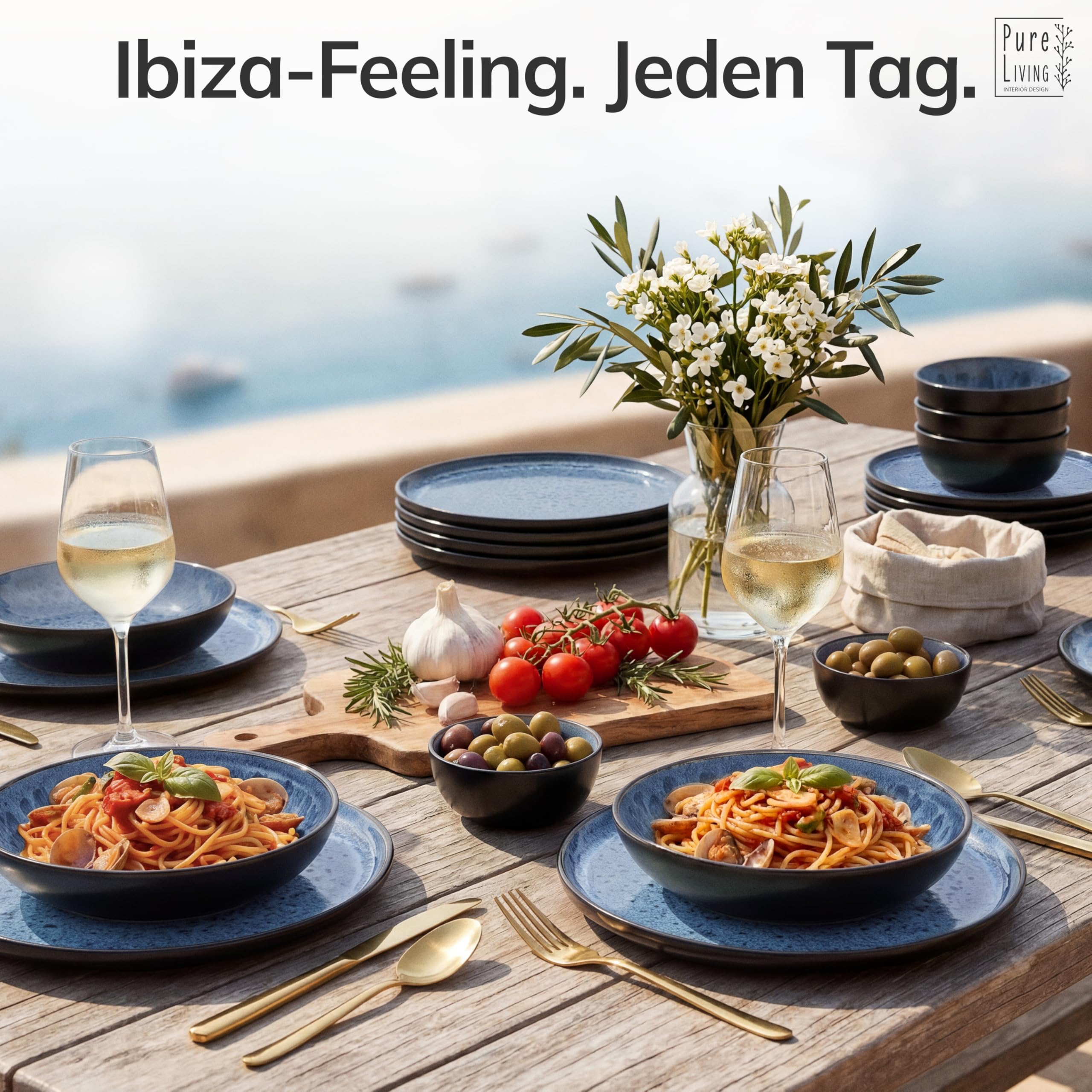 Talerz z kamionki, duży dla 6 osób, zwycięzca testu Ibiza, bajeczna śródziemnomorska kamionka, stylowy zestaw talerzy obiadowych, Pure Living w kolorze ciemnoniebieskim