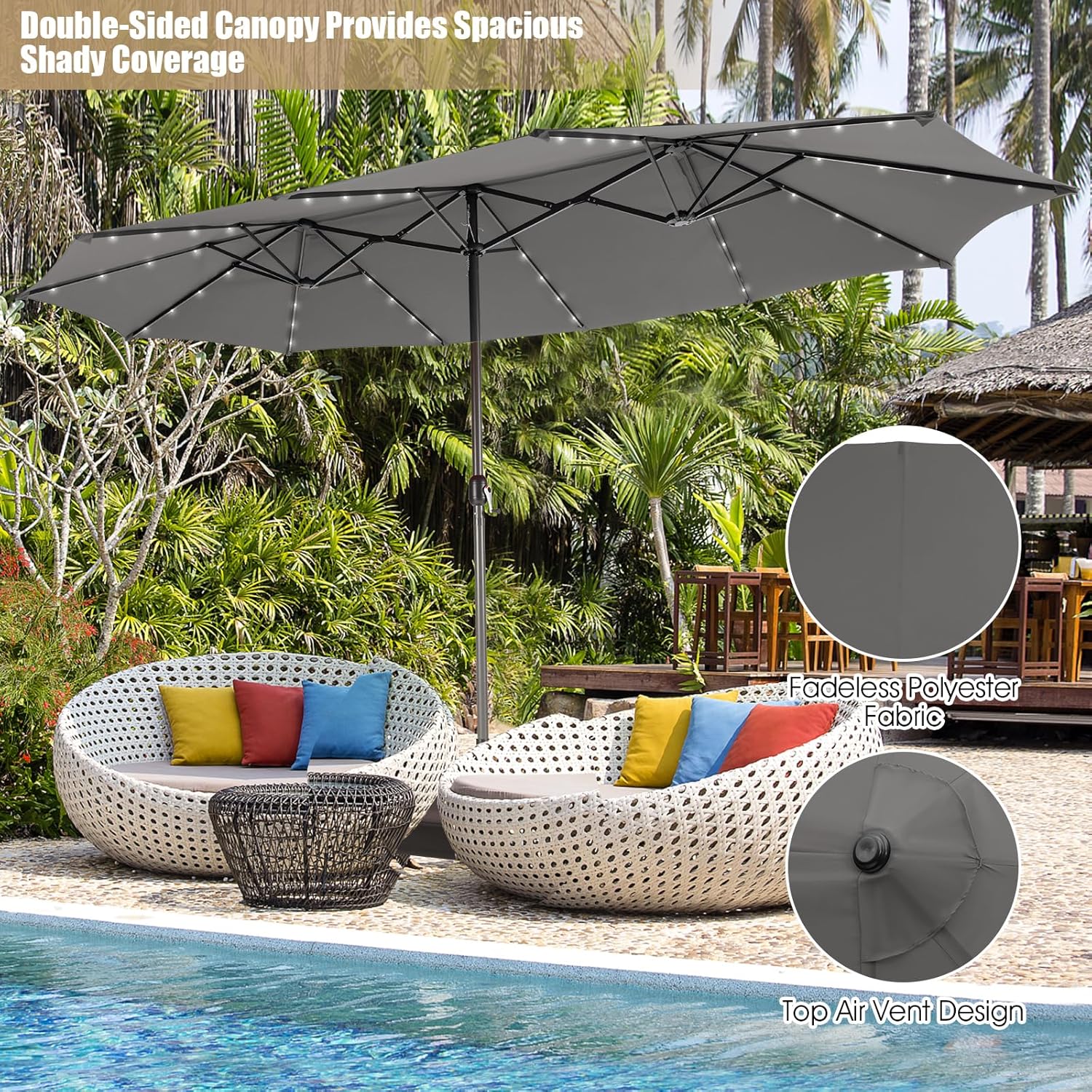 Giantex 15ft Large Outdoor Umbrella Double-Sided, 48 Solar Lights, Auto-Charging Solar Panel, Extra Large Patio Umbrella with Base and Crank, Outdoor Market Umbrellas for Poolside Garden