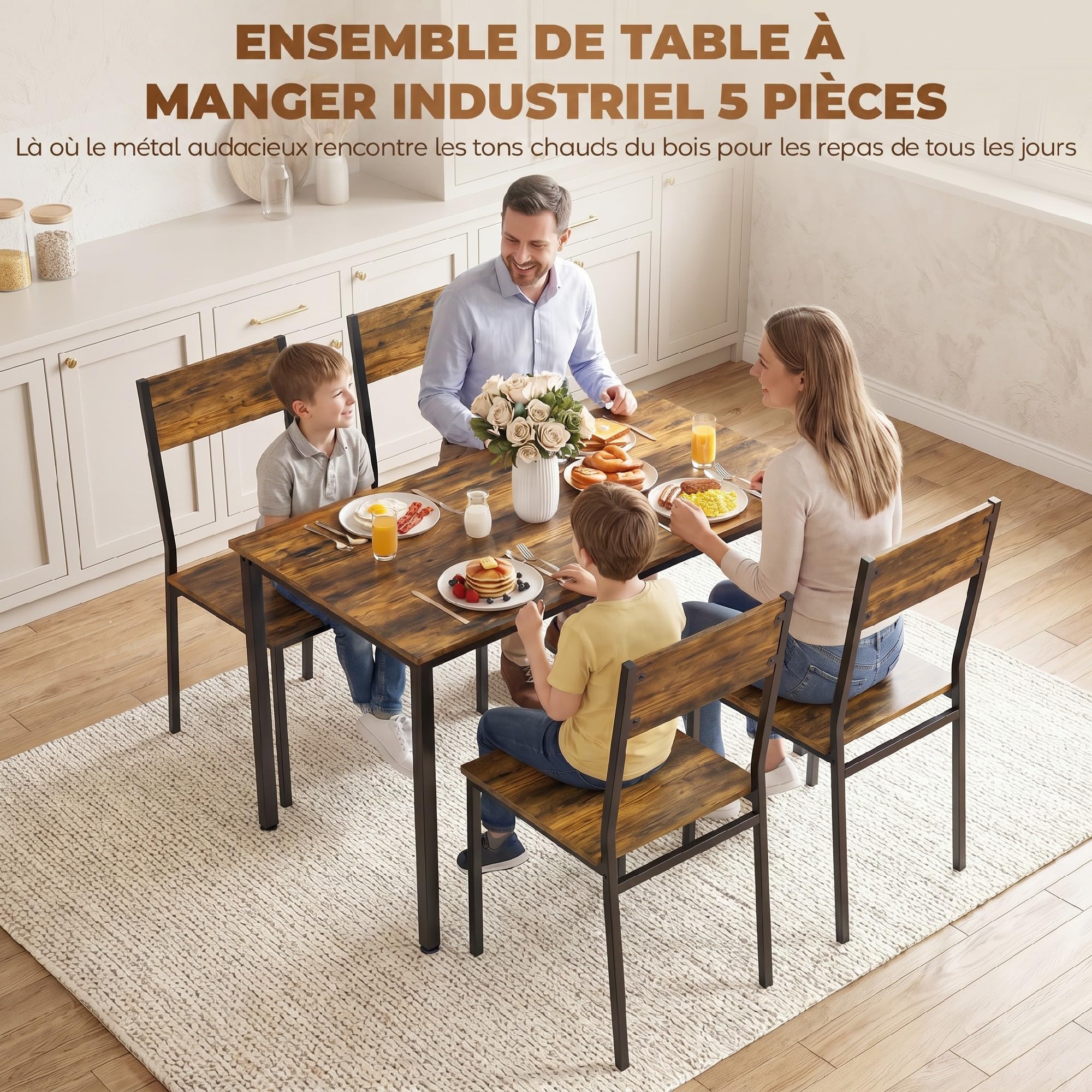 HOMCOM Ensemble Table Salle à Manger avec 4 chaises, Table de Cuisine pour 4 Personnes, Plateau rectangulaire 108 cm, Style Industriel, Pieds en métal, idéal Petit Espace, Brun Rustique