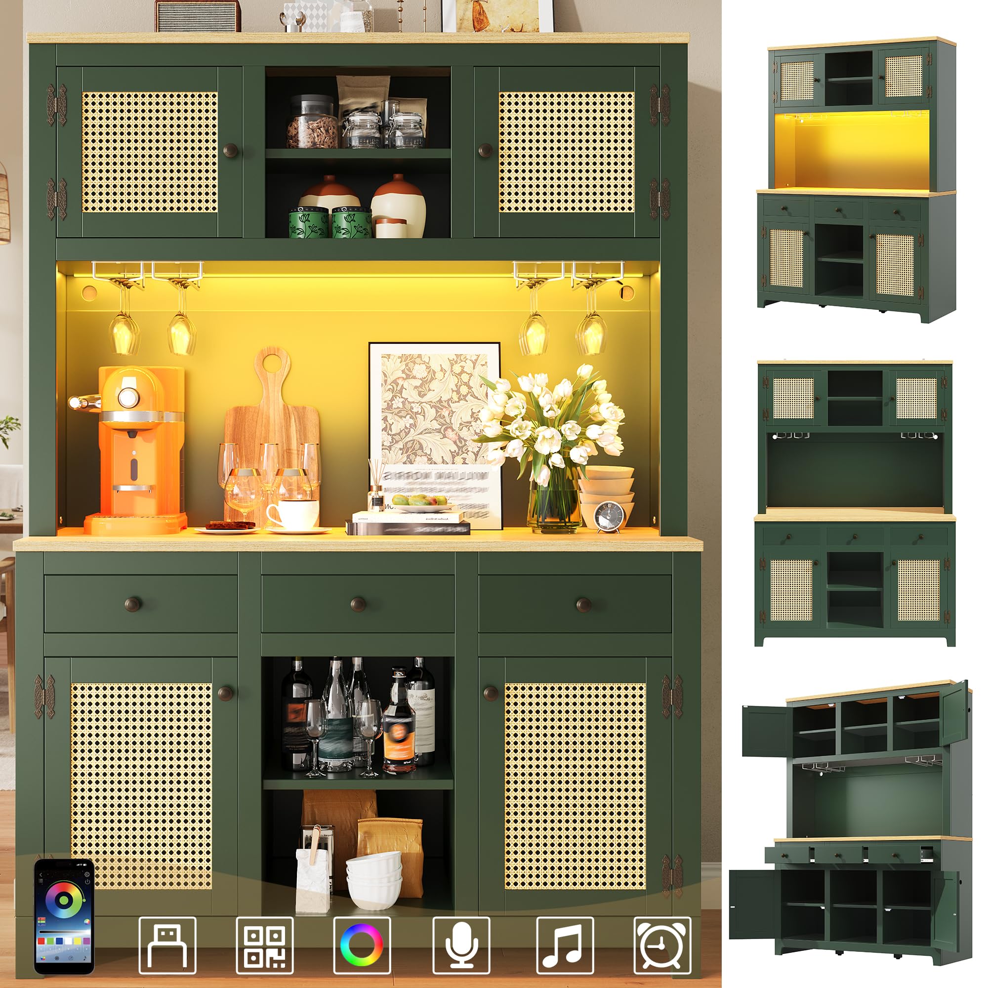 Merax Küchenschrank 180cm hoch mit LED, Hochschrank Sideboard für Küche mit Arbeitsplatte, Buffetschrank mit Verstellbare Einlegeböden & 4 Rattantüren & 3 Schubladen & Weinglasregal, Kippschutz, Grün