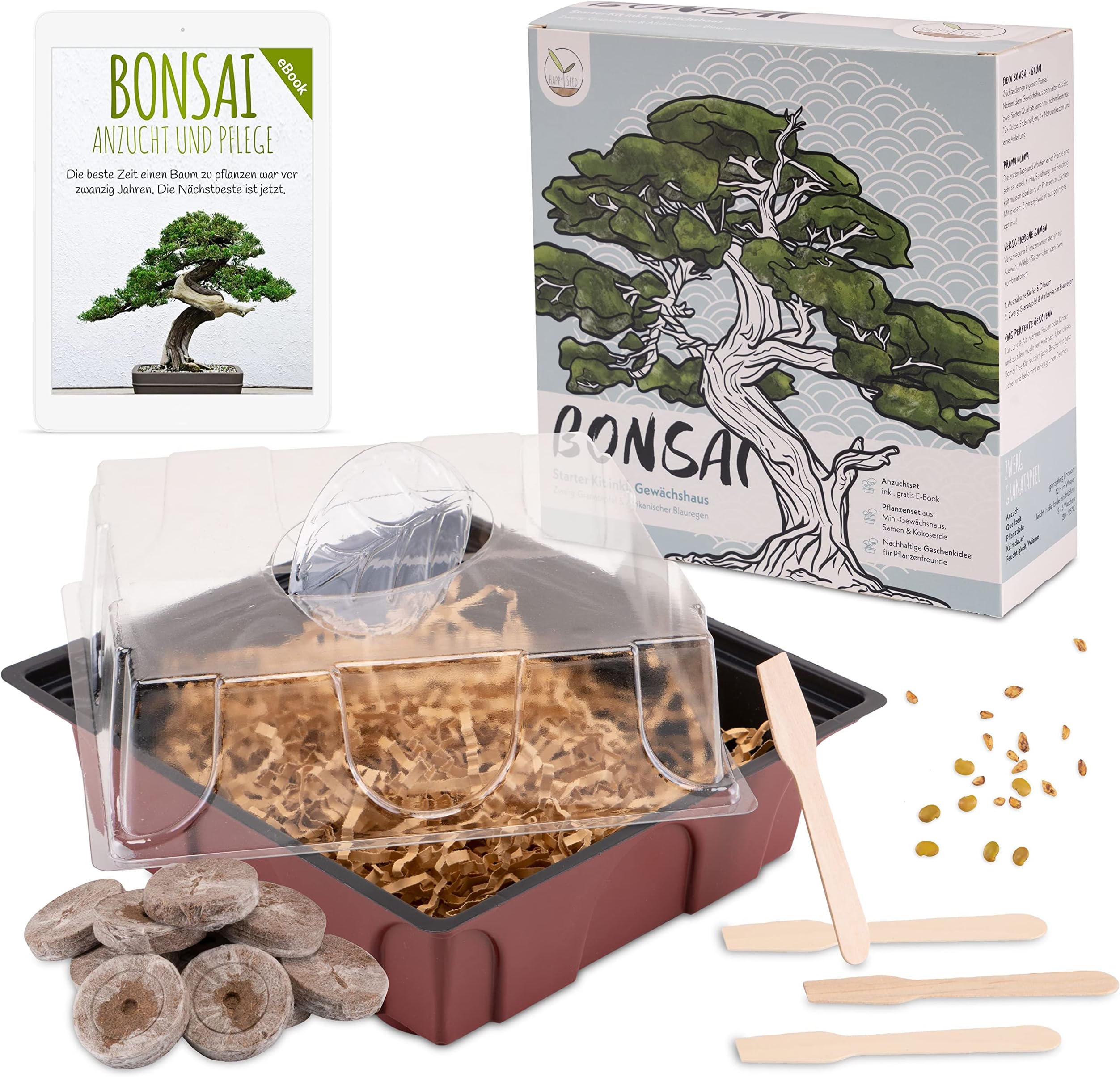 Bonsai Starter Kit Growing Set incl. Free eBook - Plant Set with Mini Greenhouse, Seeds & Soil - Sustainable Gift idea for Plant Lovers (Seeds: Wisteria + Dwarf Pomegranate)