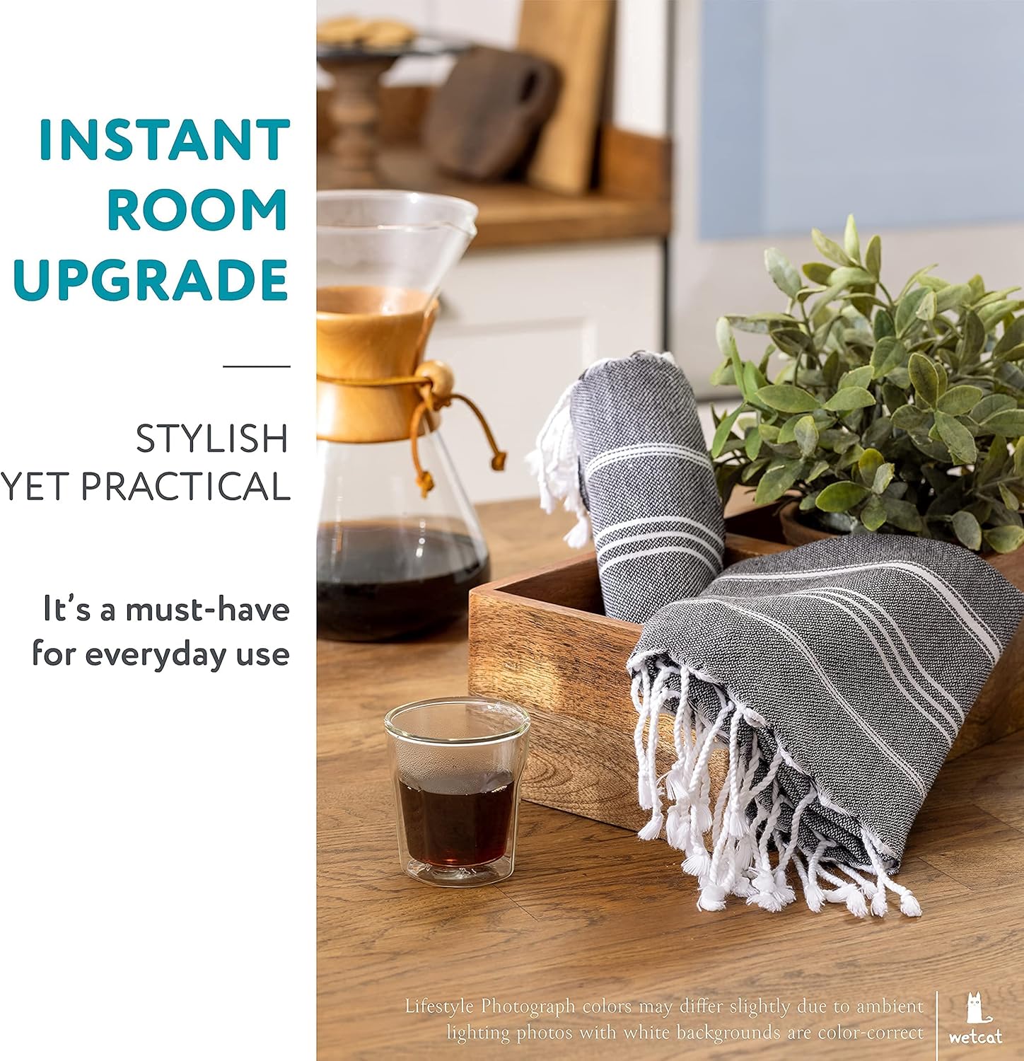 WETCAT Bundle: Turkish Bath Towel & Turkish Hand Towels - 100% Turkish Cotton, Prewashed for Soft Feel - Black Bathroom Accessories Set & Black Towels for Bathroom and Kitchen