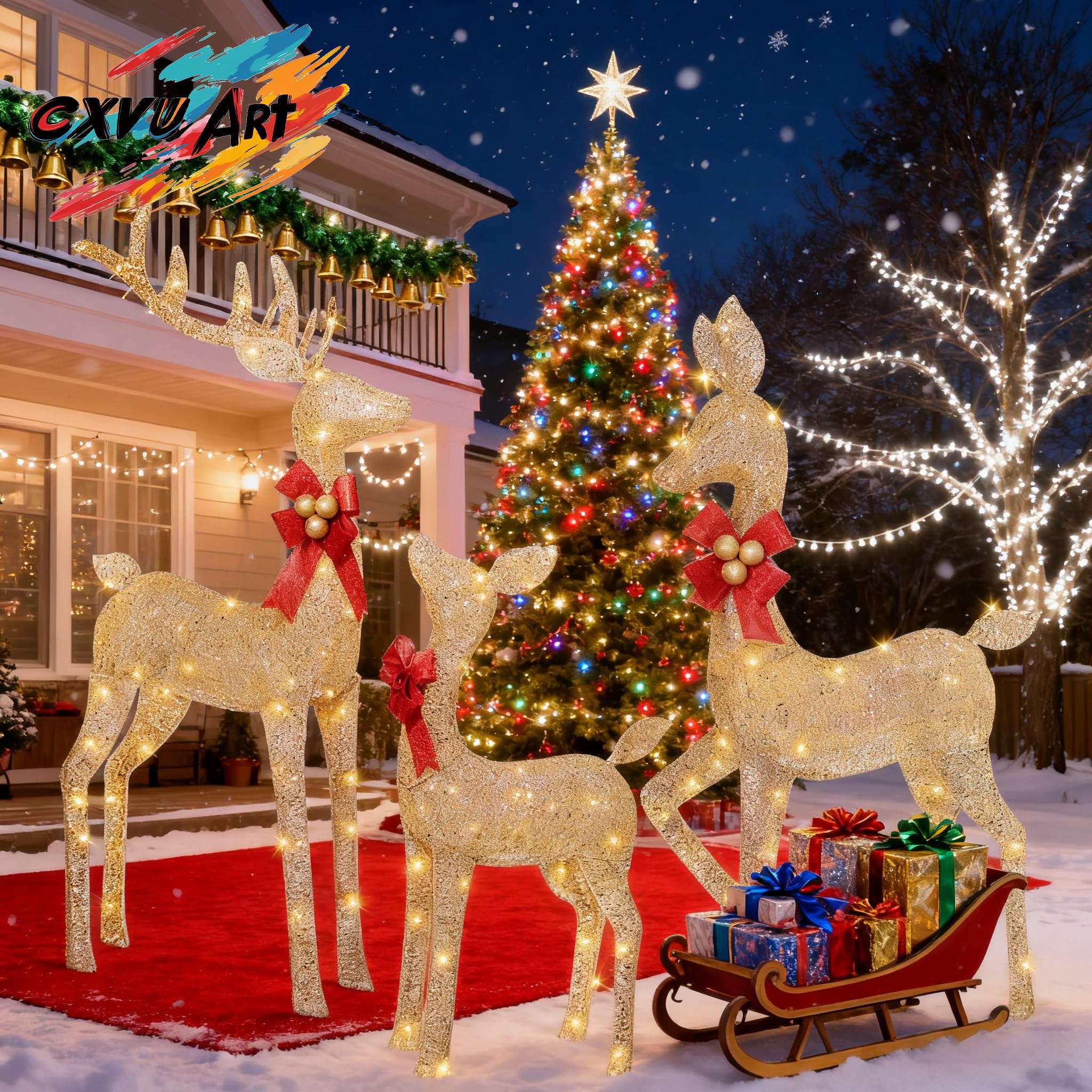 Decoración navideña de renos para patio, 3 piezas de familia de renos iluminados para decoración de Navidad al aire libre, patio, ciervos de Navidad iluminados, decoraciones navideñas al aire