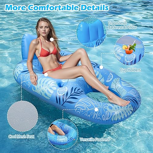 Miniatura 3 de JOSEN Inflatable Pool Float Adult, Pool Float Lounger Raft Floaties Water Floating Chair with Cup Holders Backrest & Footrest for Swimming Pool,
