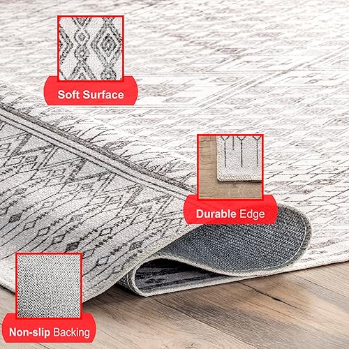 Miniatura 5 de nuLOOM Hettie - Alfombra de área tribal de transición, lavable a máquina, ultrafina, 8 x 10 pies, gris claro