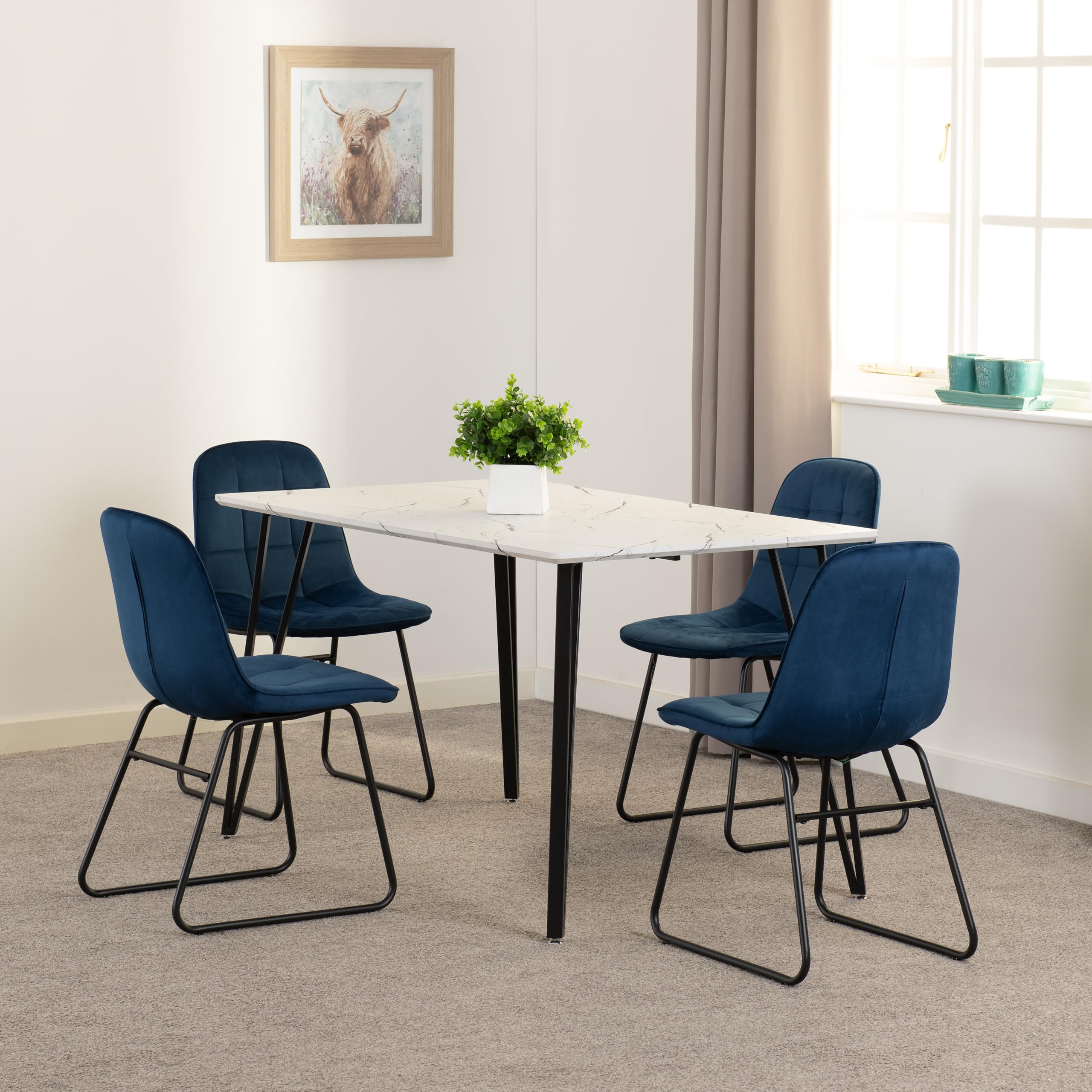 Seconique 4 Seater Dining Set - White Marble Effect Table - Sapphire Blue Velvet Chairs