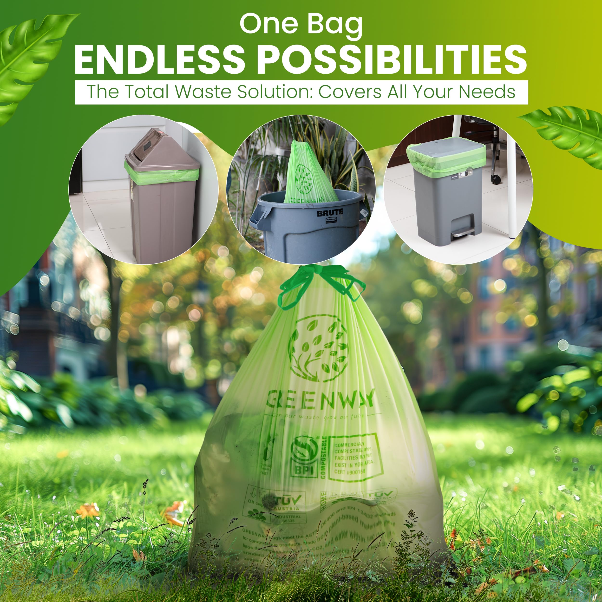 GREENWAY Bolsas de basura compostables de 13 galones, con cordón, 50 bolsas, resistentes, extragruesas de 0.90 mil, 50-65 litros, compatibles con contenedores Code Q, bolsas altas de chatarra de