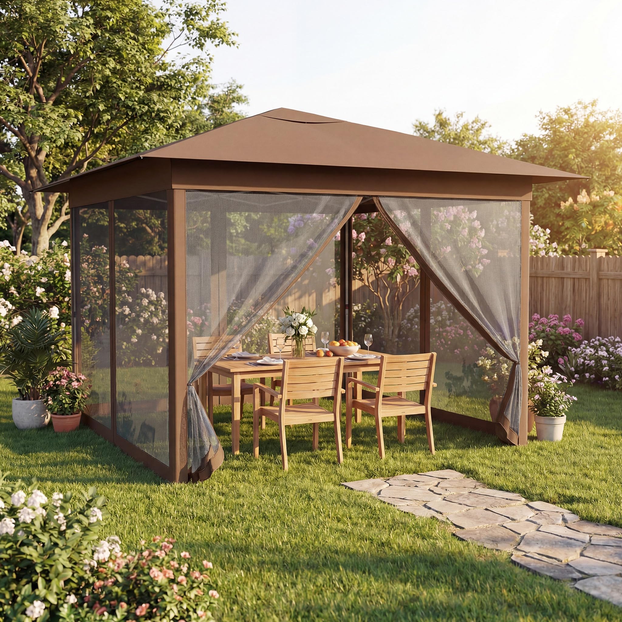 GOPLUS Carpa Plegable 3,5x3,5 cm, Cenador Pop-up de Jardín con 4 Mosquiteras Extraíbles, Altura Ajustable, Bolsa de Transporte, Protección Solar, Gazebo para Fiestas (Marrón,con Mosquiteras)