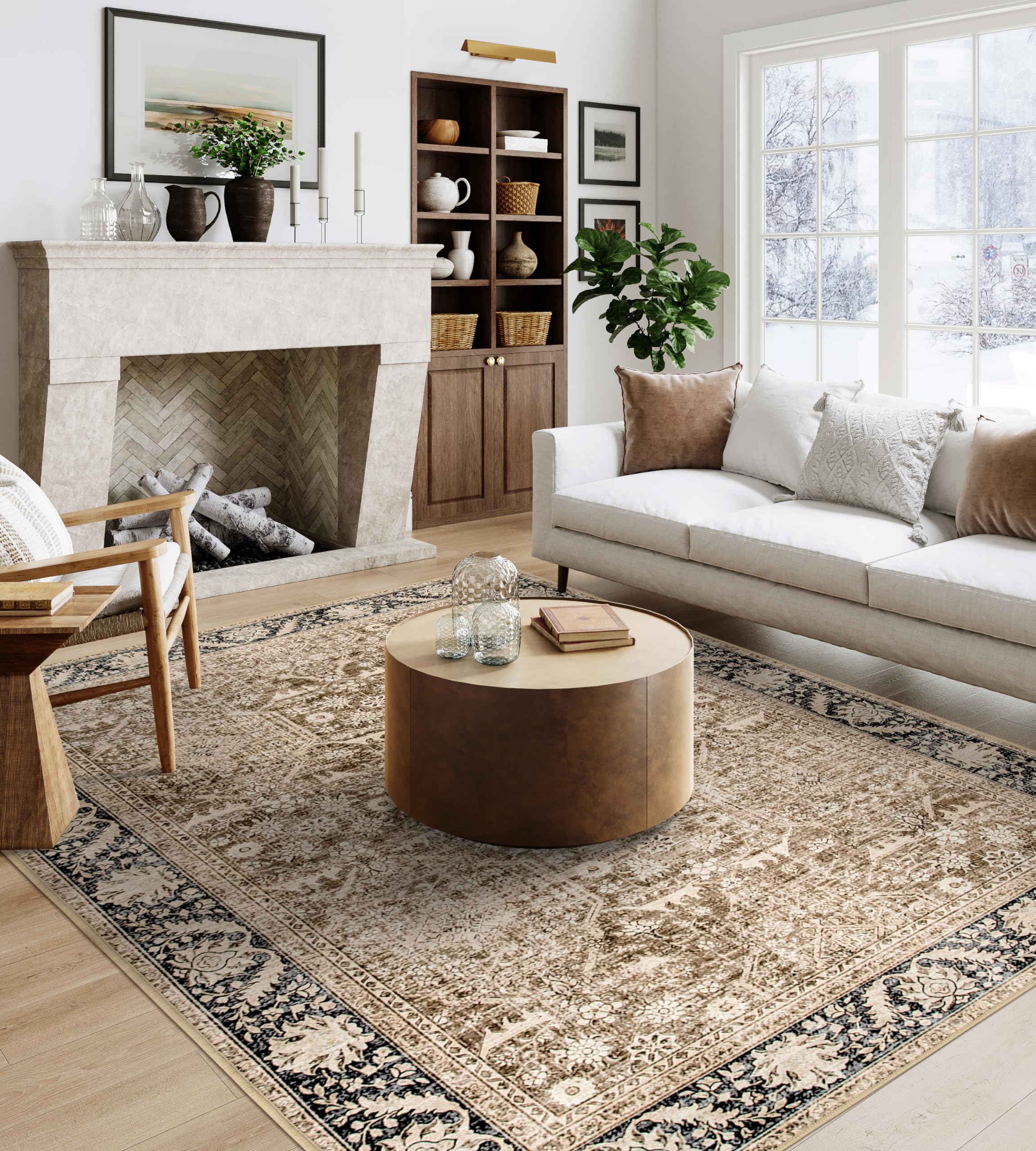 Lahome Vintage Machine Washable 8x10 Rug, Ultra-Thin Non Slip Living Room Rugs 8x10, Non-Slip Bedroom Rug Distressed Carpet Non Shedding Accent Rug for Office Dining Room (8x10ft,Brown)