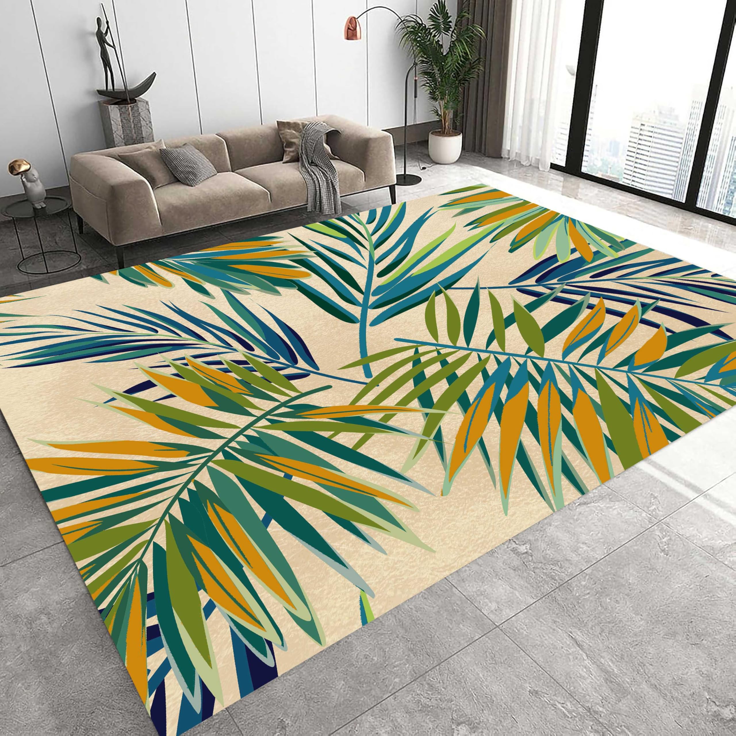 Kuluoits Washable Leaf Area Rug, 60x90cm, Green Yellow Palm Leaves Rug, Abstract Art Tropical Leaf Pattern, Non-Slip, Soft, Lightweight, Rectangular, Indoor, Suitable for Living Room, Dining Room,