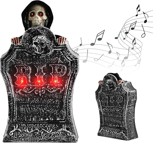 Decoración espeluznante de Halloween activada por sonido, lápida animada con fantasma de elevación y luces vocales