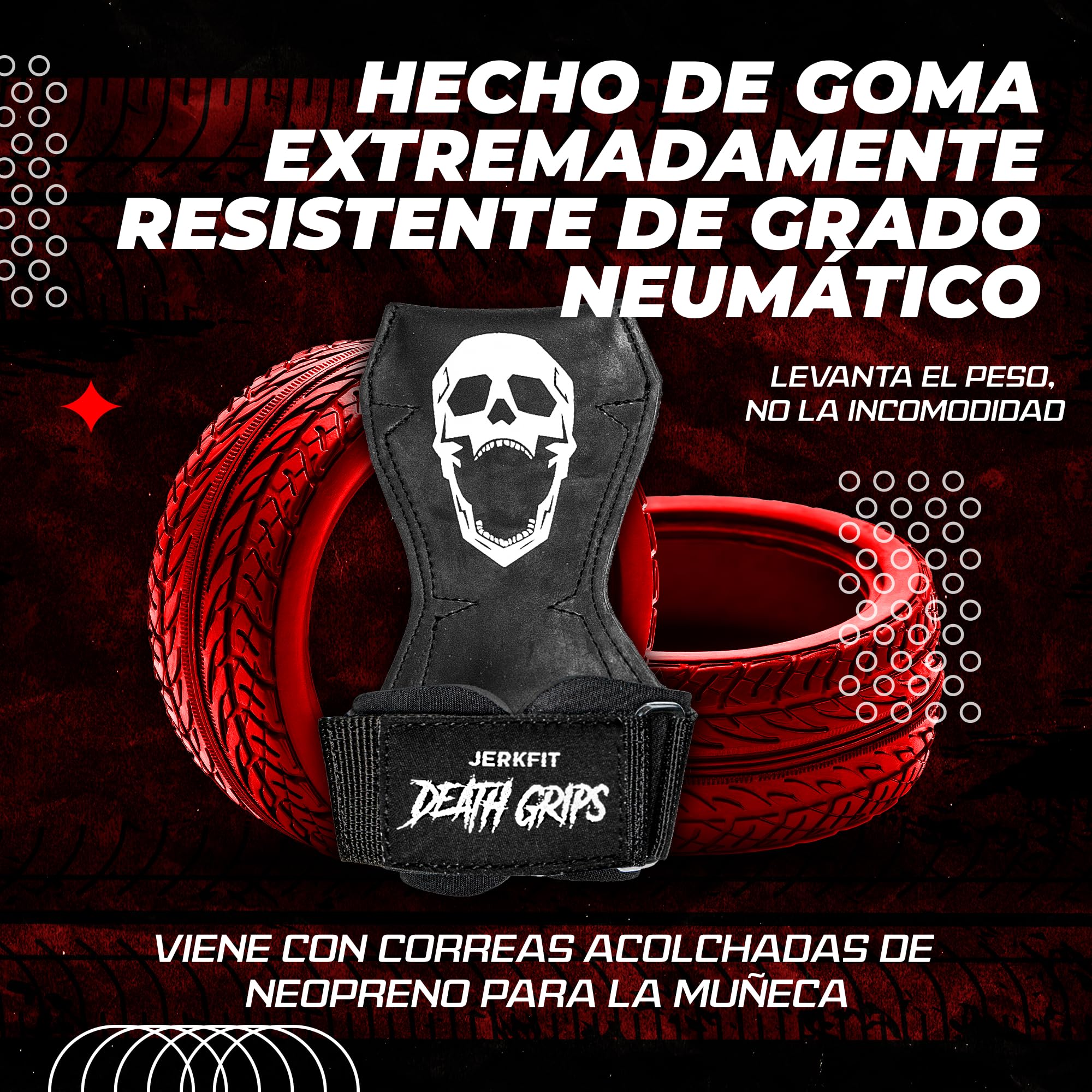 JerkFit Death Grips – Correas de Levantamiento Premium de PVC Goma Grado Neumático para Shrugs & Pull-Ups – Correas con Relleno Neopreno para Protección de Palmas – Correas Resistentes para Gym