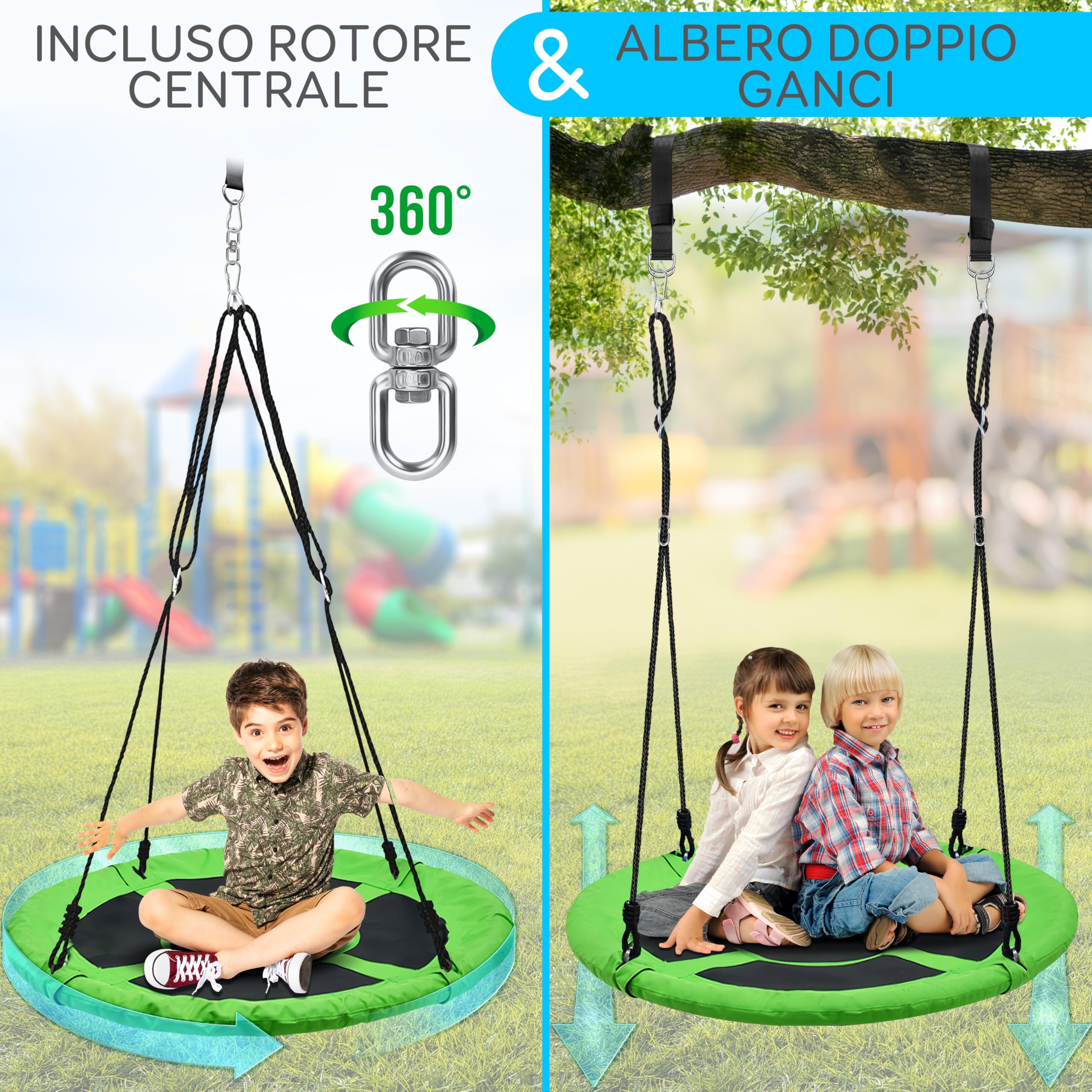 SereneLife Altalena da Giardino per Bambini Rotonda 102 cm con Kit di Fissaggio, Corde Regolabili e Altalena Girevole Centrale per Uso Esterno