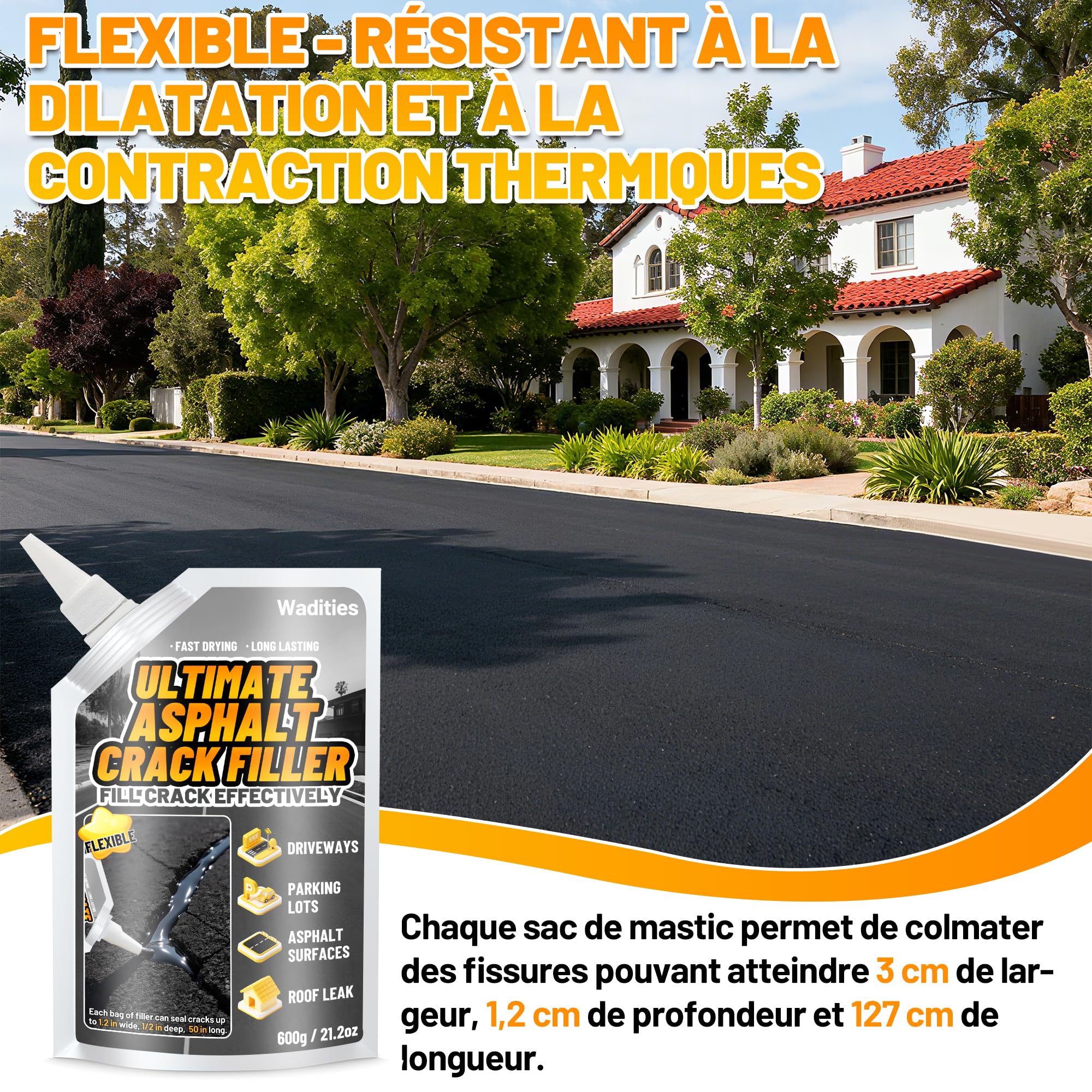 Remplisseur de fissures pour asphalte 2.4 kg, mastic de réparation imperméable à nivellement automatique pour allées, trottoirs, joints de béton noir, mastic à séchage rapide pour extérieur - Noir