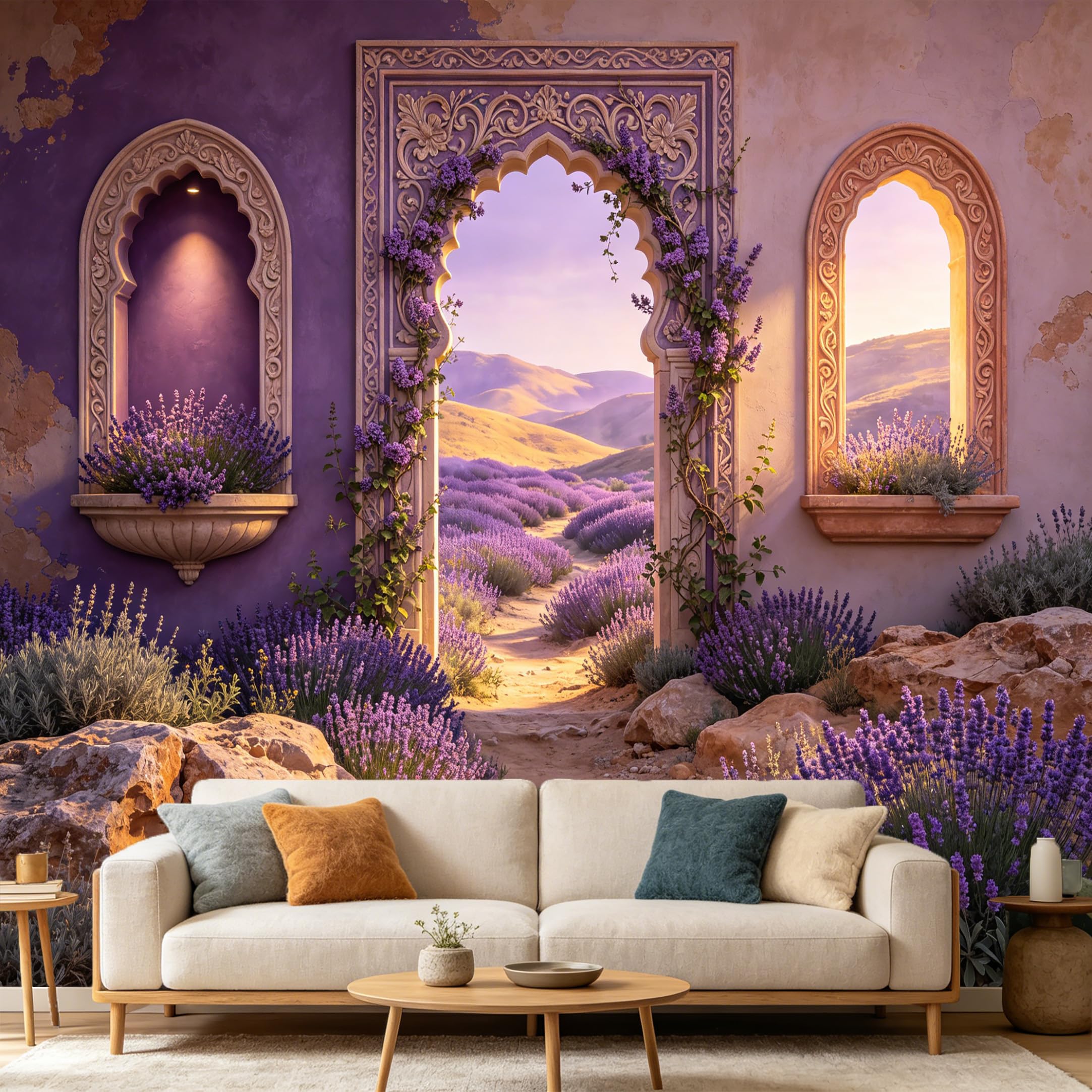 Custom Size Wall Mural， Mediterranean Lavender Fields Archway Sunset Landscape 3D Trompe L'Oeil， SelfAdhesive Art Prints wall Fabric Removable Large Wallpaper Home Living Room Decor
