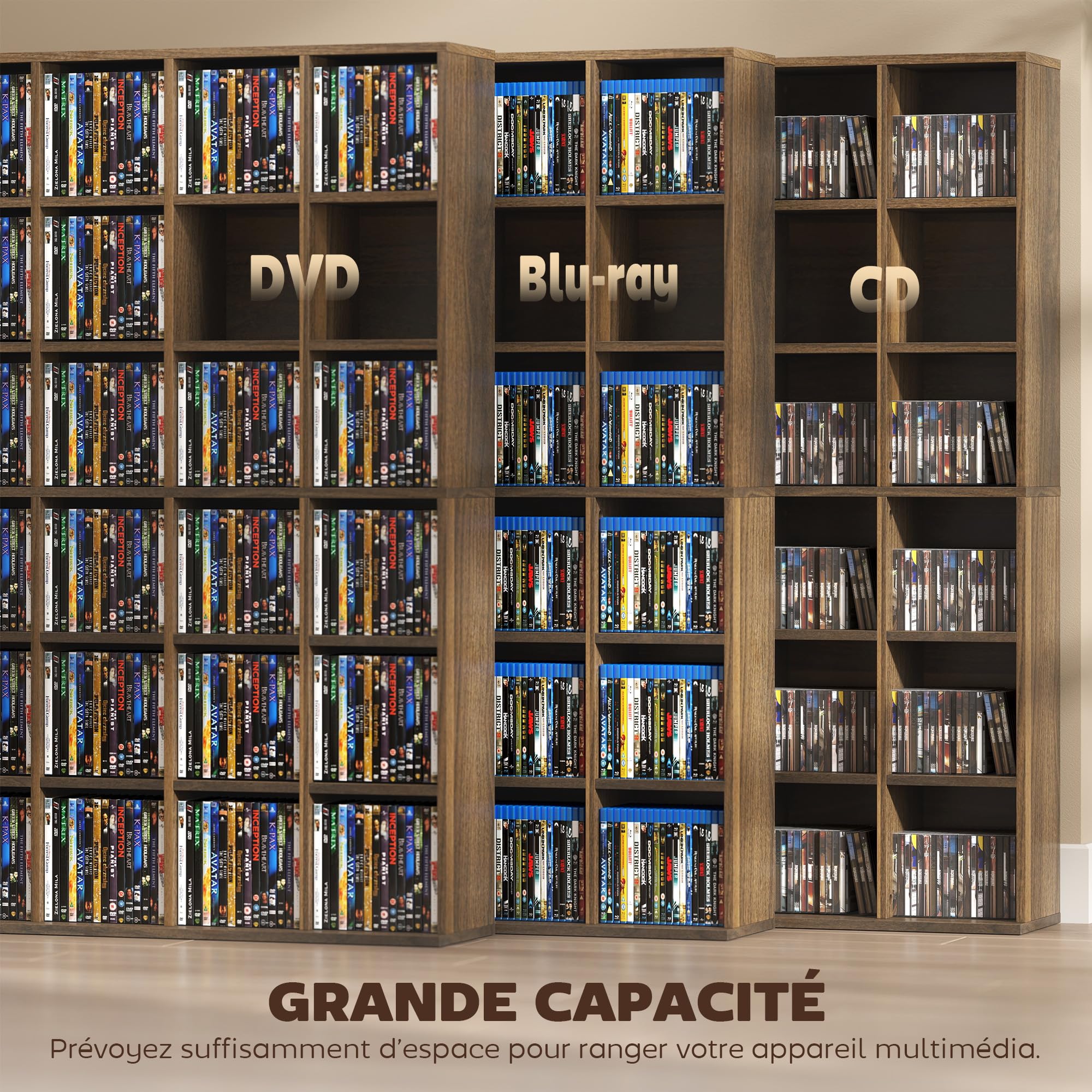 HOMCOM Contenitore per CD e DVD, scaffale di archiviazione, capacità massima 456 CD/336 DVD, 24 scomparti e ripiani regolabili, per ufficio, soggiorno, camera da letto, 89 x 20 x 130,5 cm, marrone