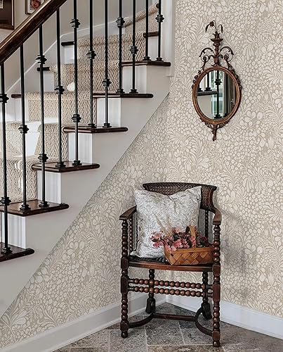 Miniatura 4 de Heroad Papel tapiz floral bohemio para despegar y pegar, papel de contacto de flores silvestres beige, papel de contacto autoadhesivo para