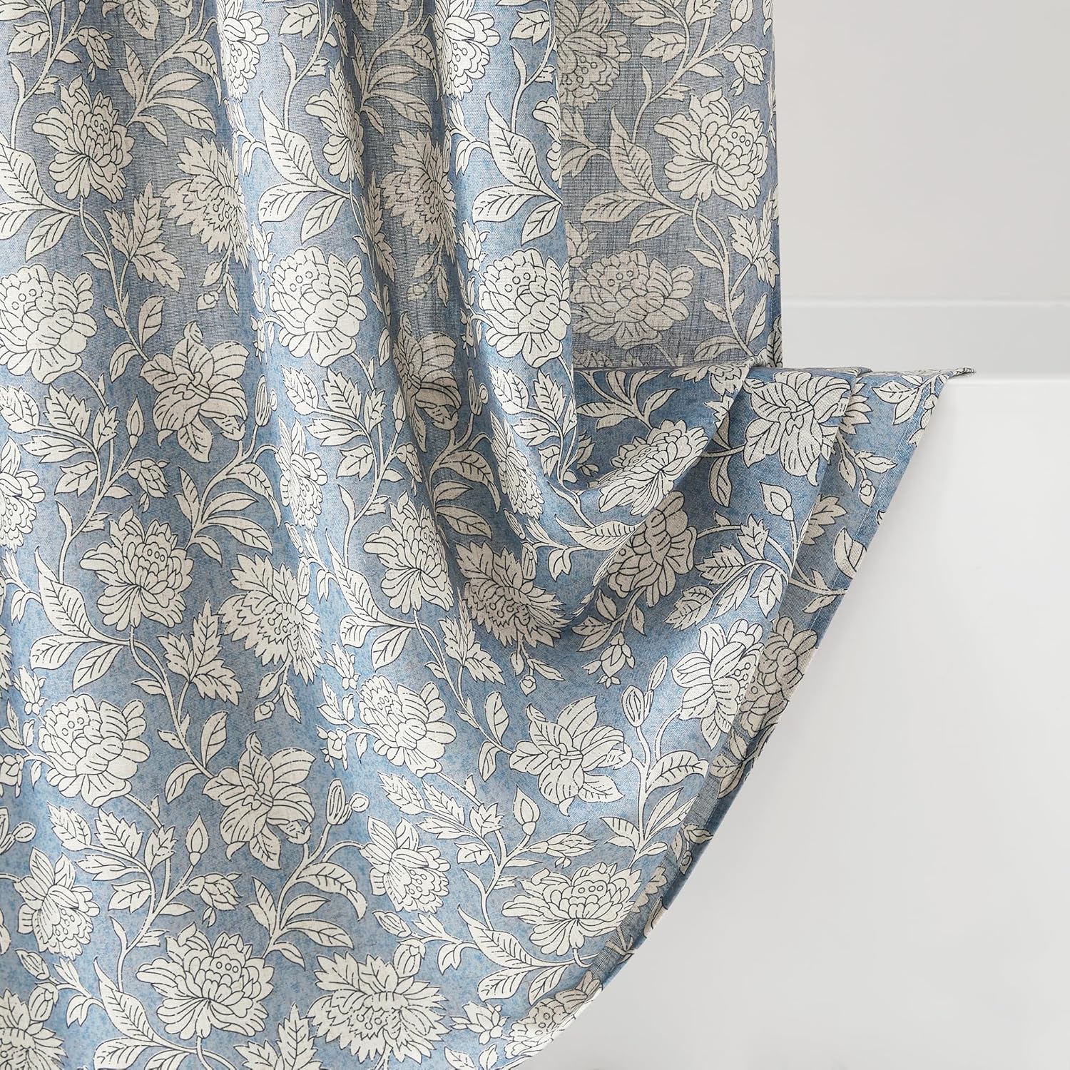 Lush Decor Zara Floral Block Linen Textured Shower Curtain Single 72" W x 72" L Blue - Floral Bath Curtain - Vintage Decor