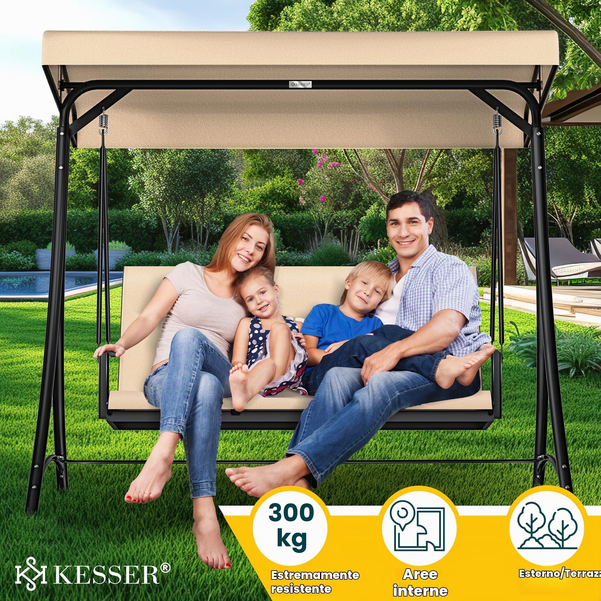KESSER® Dondolo Hollywood con tettuccio parasole, 3 posti, portata 300 kg, sdraio da giardino antiscivolo, panca a dondolo, impermeabile, per esterni e interni (beige)