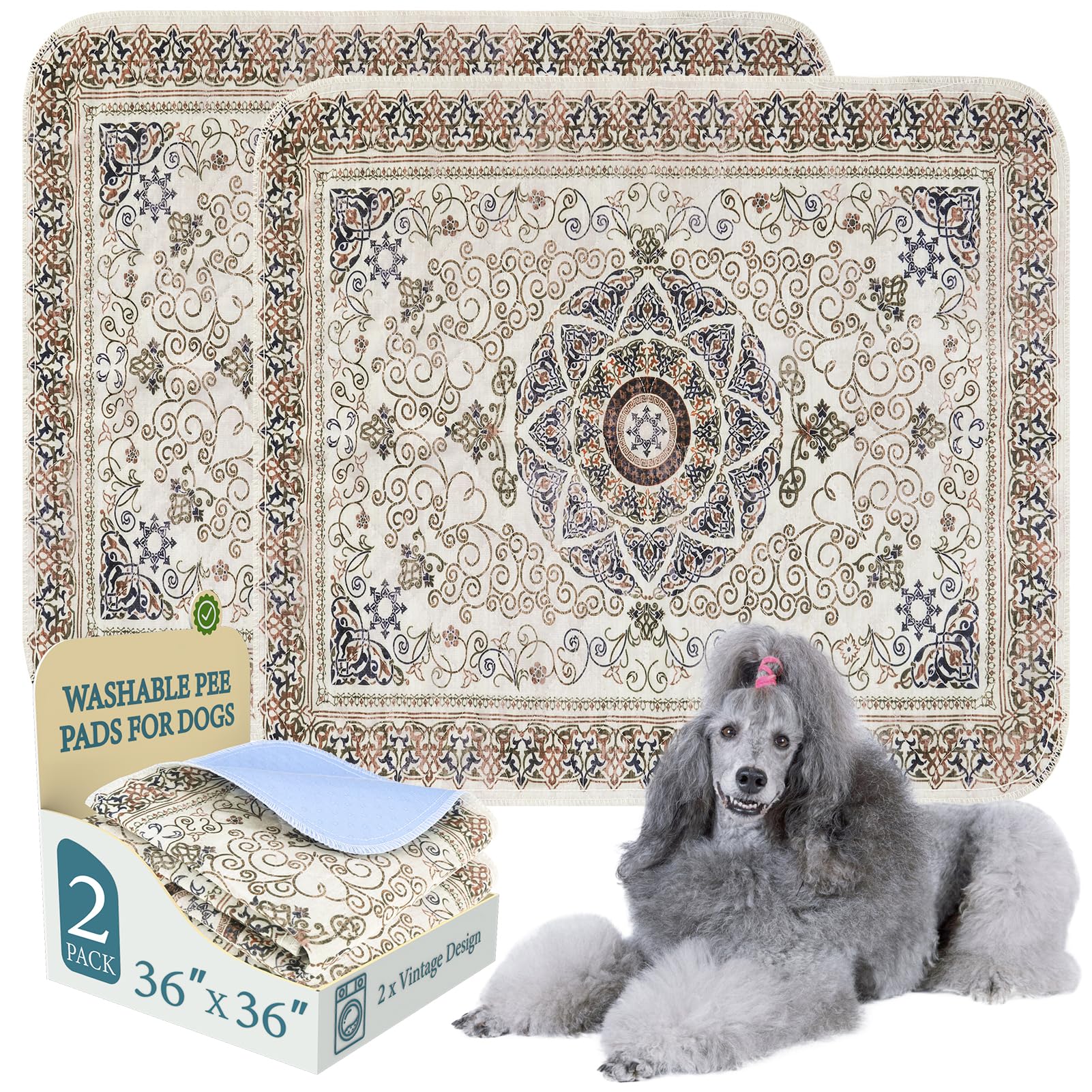Homimp Washable Pee Pads for Dogs, 2 Pack Reusable Puppy Pads Waterproof, Absorbent and Leakproof Dog Pee Pads, Non Slip Puppy Training Pads, Pet Mat for Floor,Crate,Couch,Whelping,Beige 36"x36"