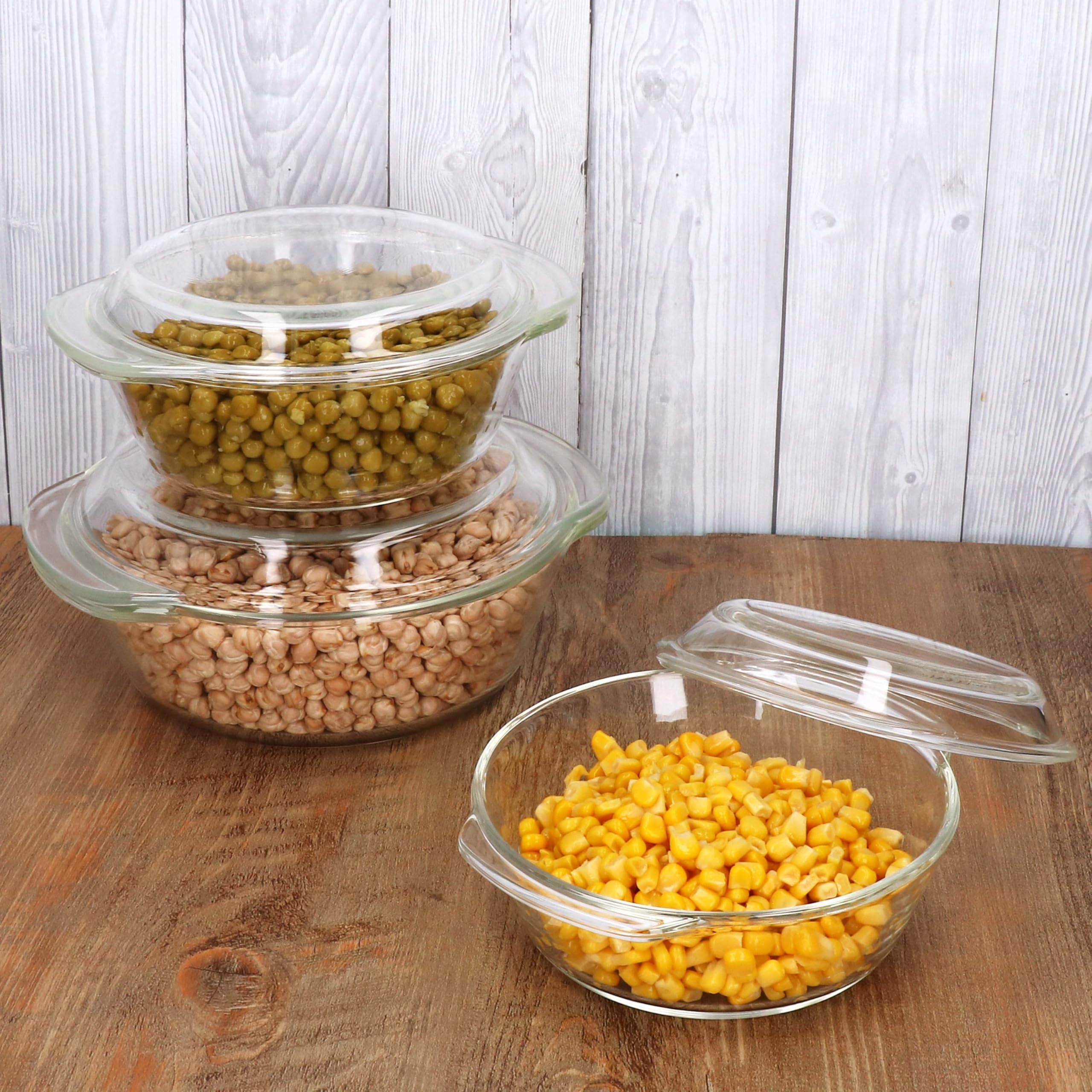YAYODS Glazen ovenschaal met deksel, 3 stuks, ronde ovenschaal, 650/1000/1400 ml, magnetronservies, glas met deksel, rond, ovenvast, glazen braadpan met handgrepen voor fruitsalade, vlees, magnetron YAYODS Glazen ovenschaal met deksel, 3 stuks, ronde ovenschaal, 650/1000/1400 ml, magnetronservies, glas met deksel, rond, ovenvast, glazen braadpan met handgrepen voor fruitsalade, vlees, magnetron