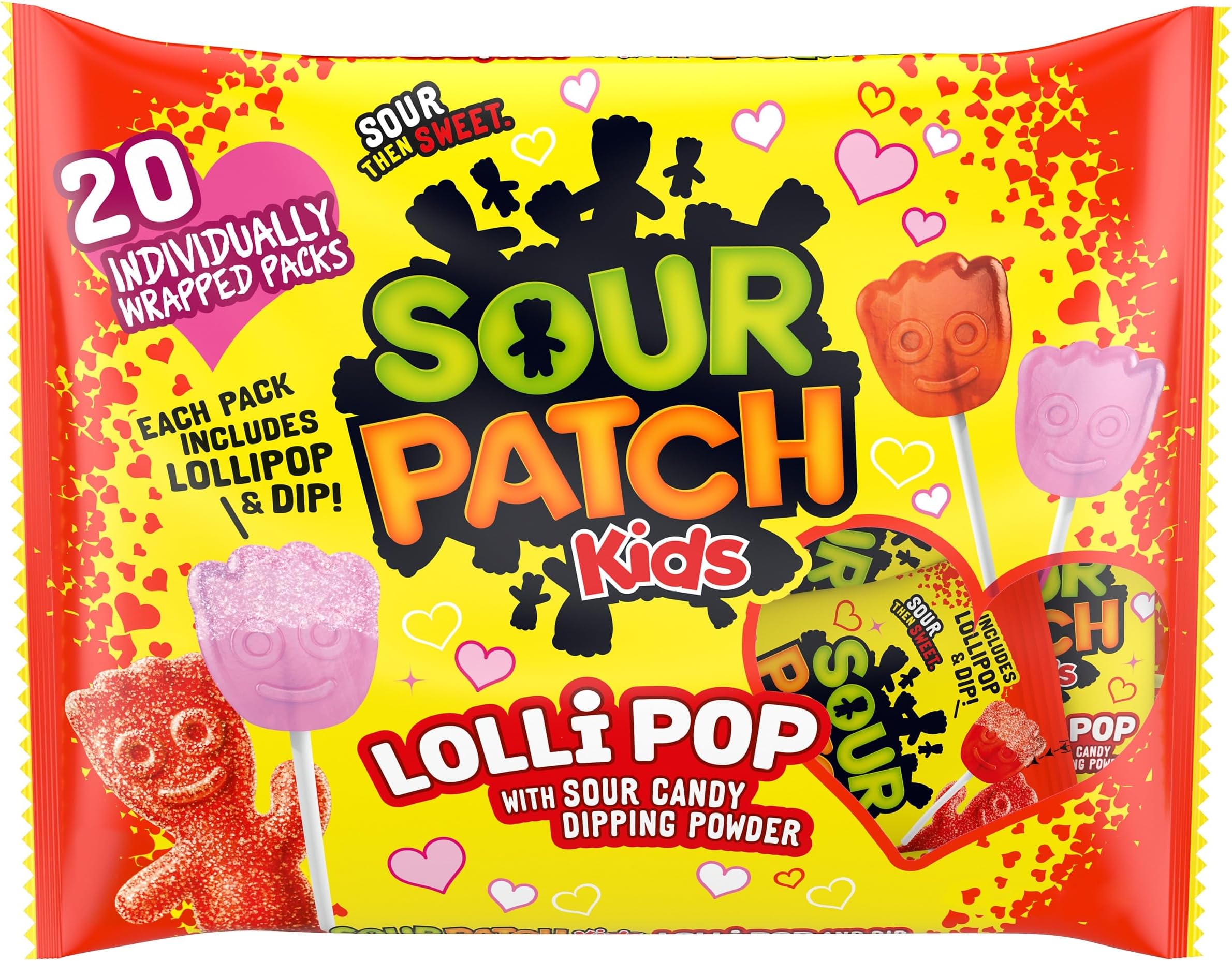 SOUR PATCH KIDS Lollipop with Sour Candy Dipping Powder Valentines Day Candy, 20 Lollipops