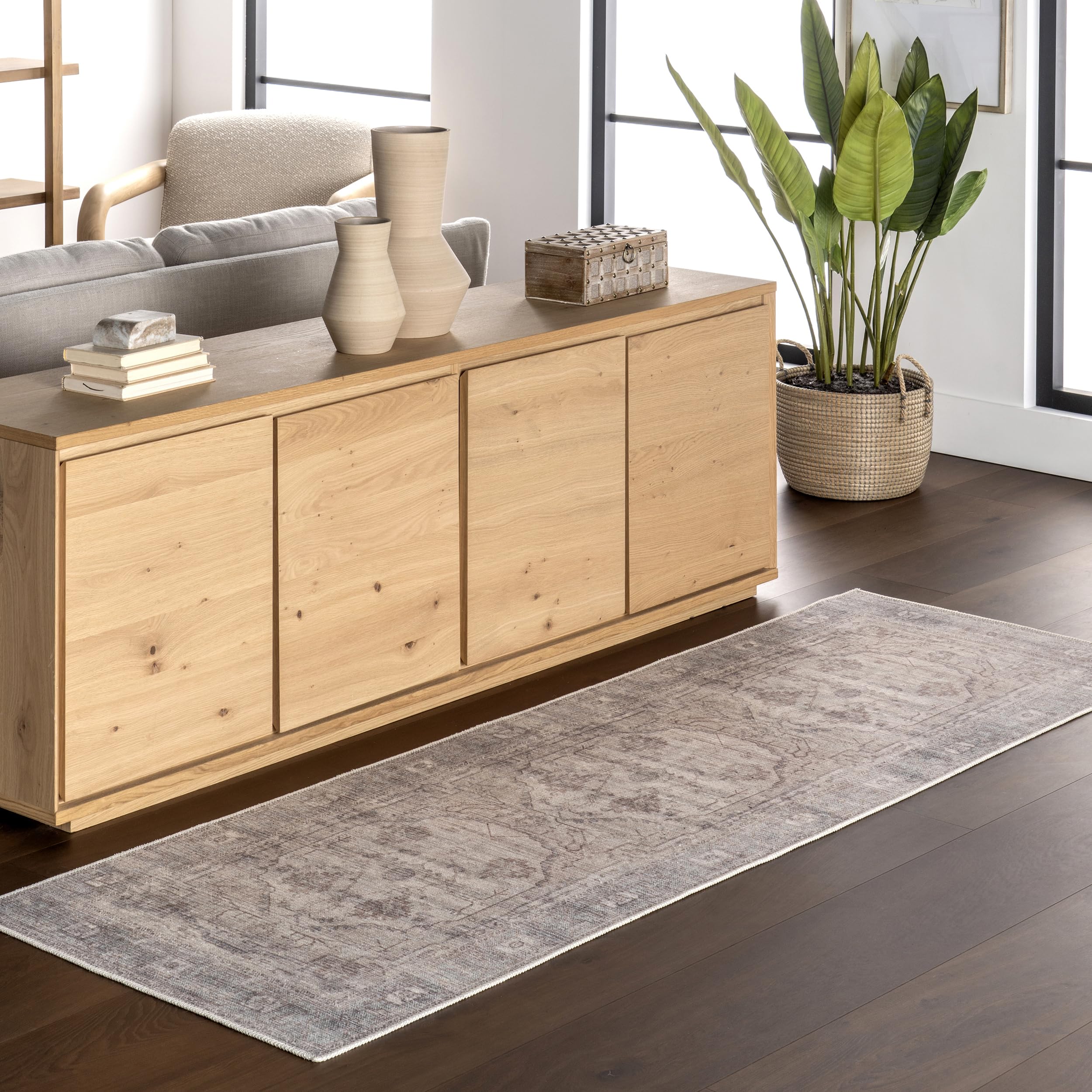 Tapis de couloir vert médaillon 61x244cm nuLOOM Noemie lavable