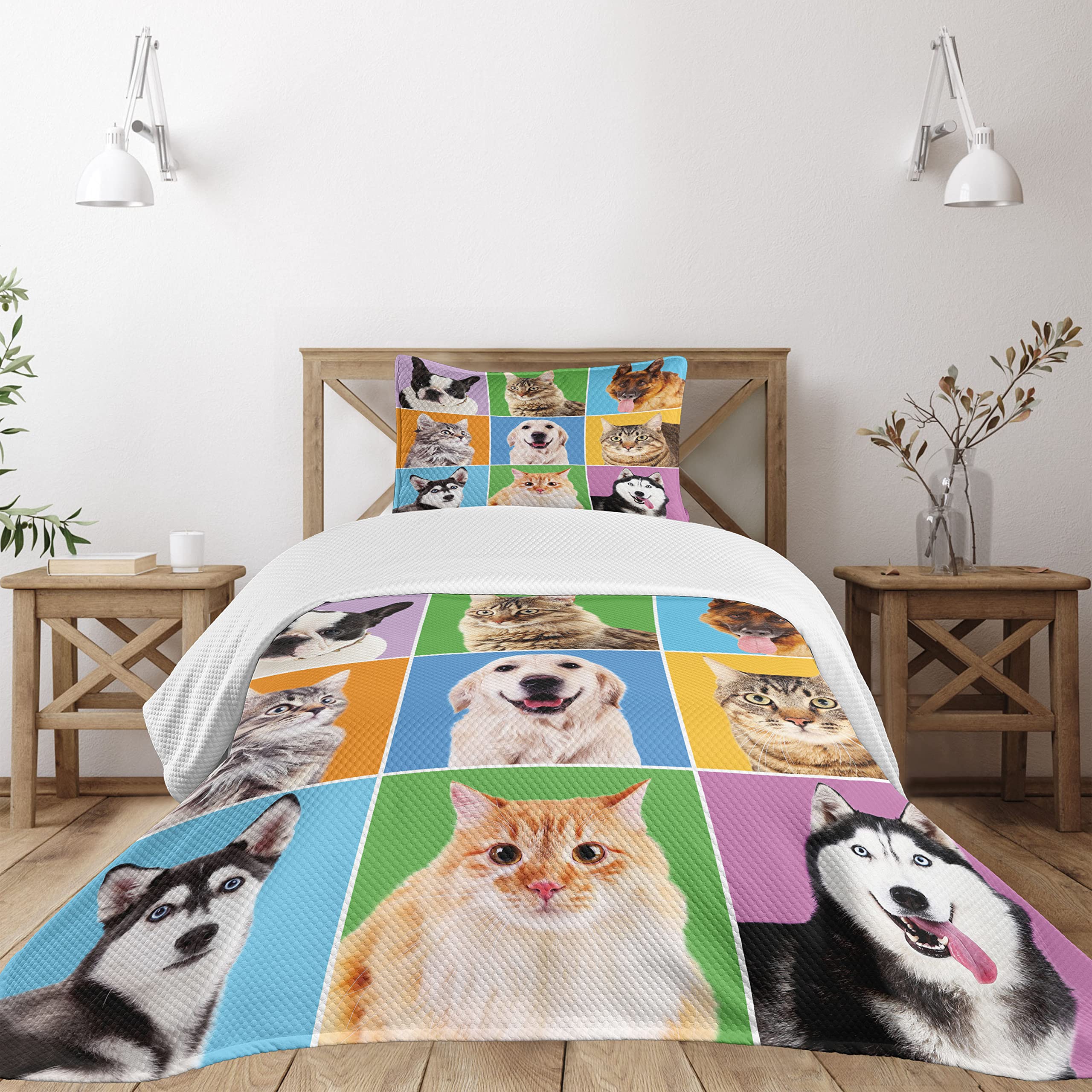 Colcha de animales con diseño de perros y gatos para dormitorio de mascotas de Lunarable