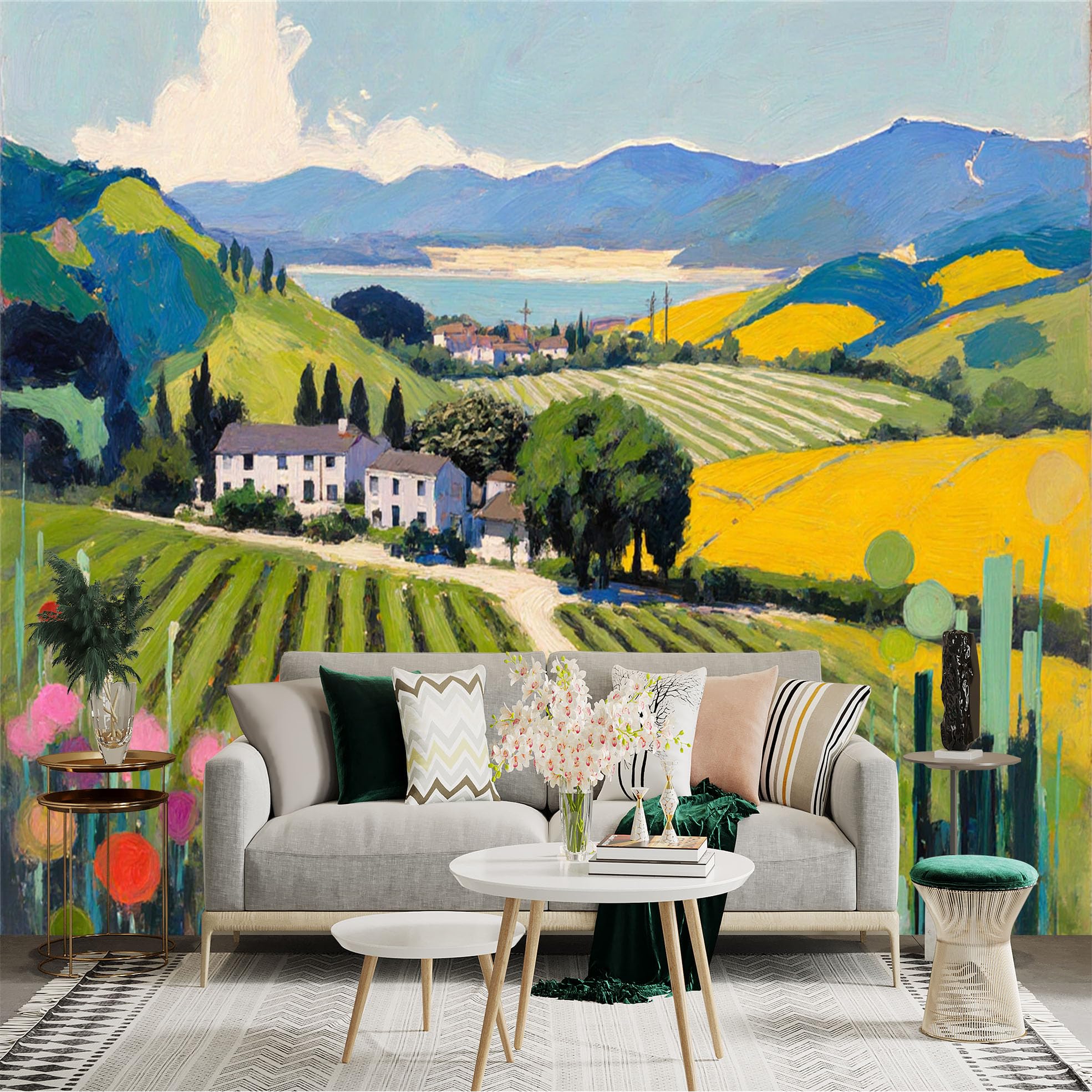 Lnzczhyre Xc260505103 Custom Size Wall Sticker Mural， Rural Landscape With Rolling Hills， Sunny Farmland And Colorful Flowers， For Wall Decoration， Peelandstick Wall Decals.