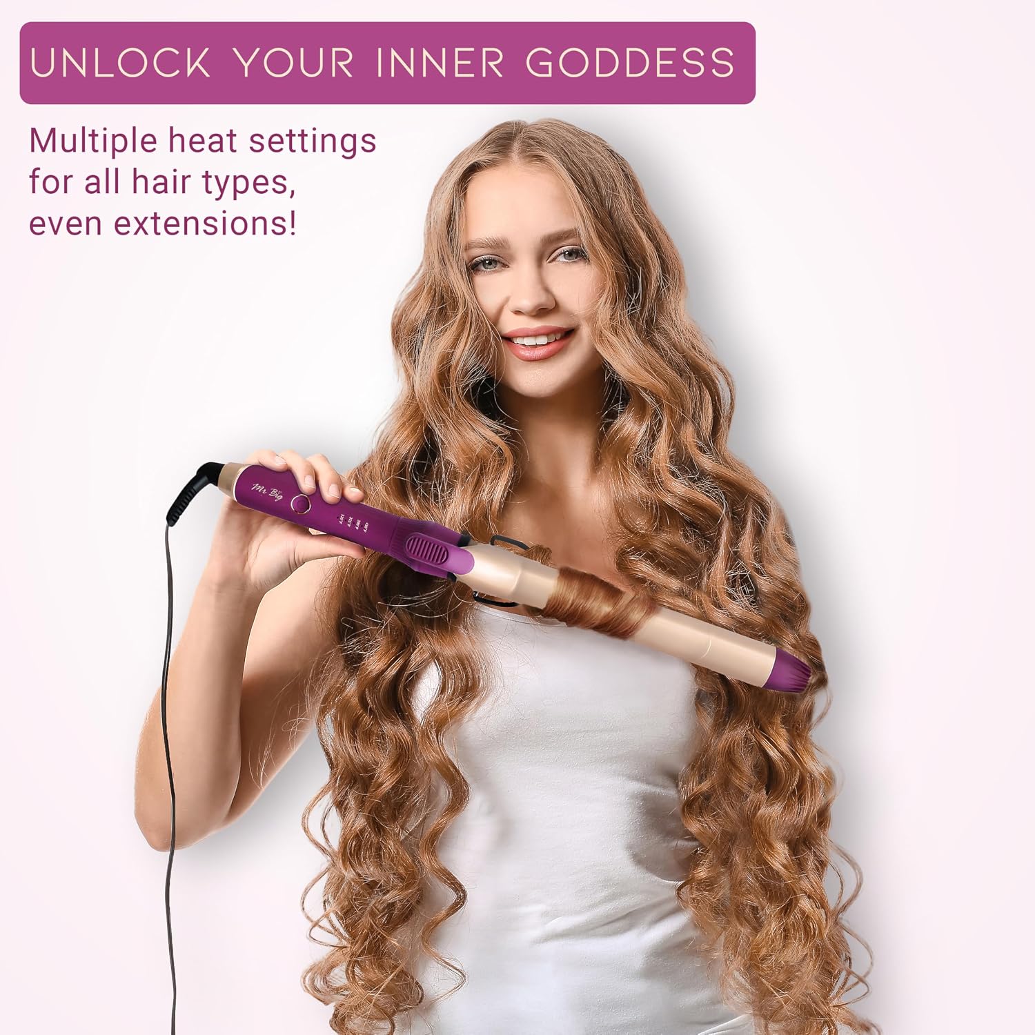 Mr Big Curling Iron Goddess XL Curling Iron - 9.5" Barrel, 1.25" Ceramic Triple-Plated, Dual Voltage, Multiple Heat Settings for All Hair Types, Longest Lasting Beachy Waves, Perfect for Travel